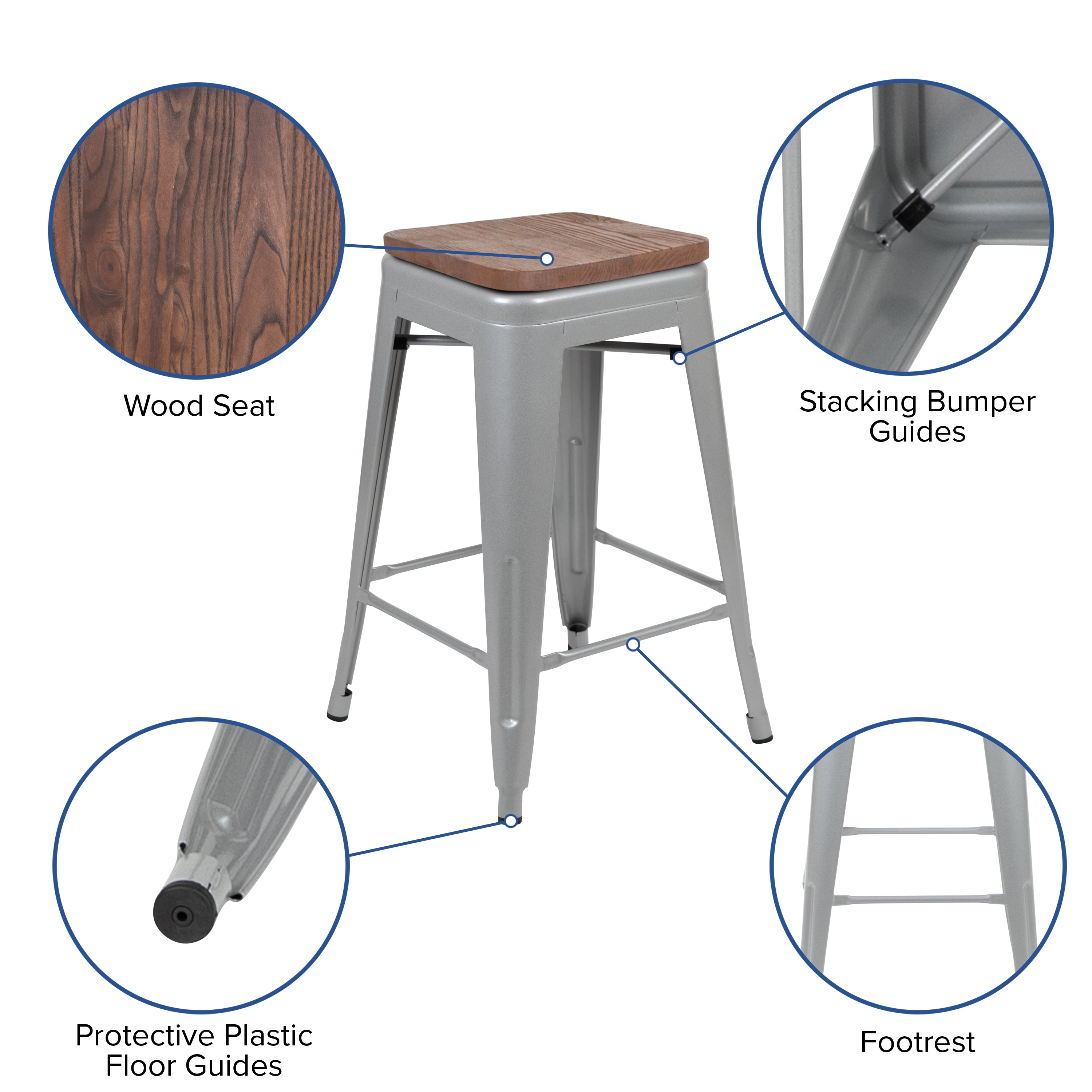 Cierra 24" High Metal Counter-Height, Indoor Bar Stool with Wood Seat in Silver - Stackable Set of 4