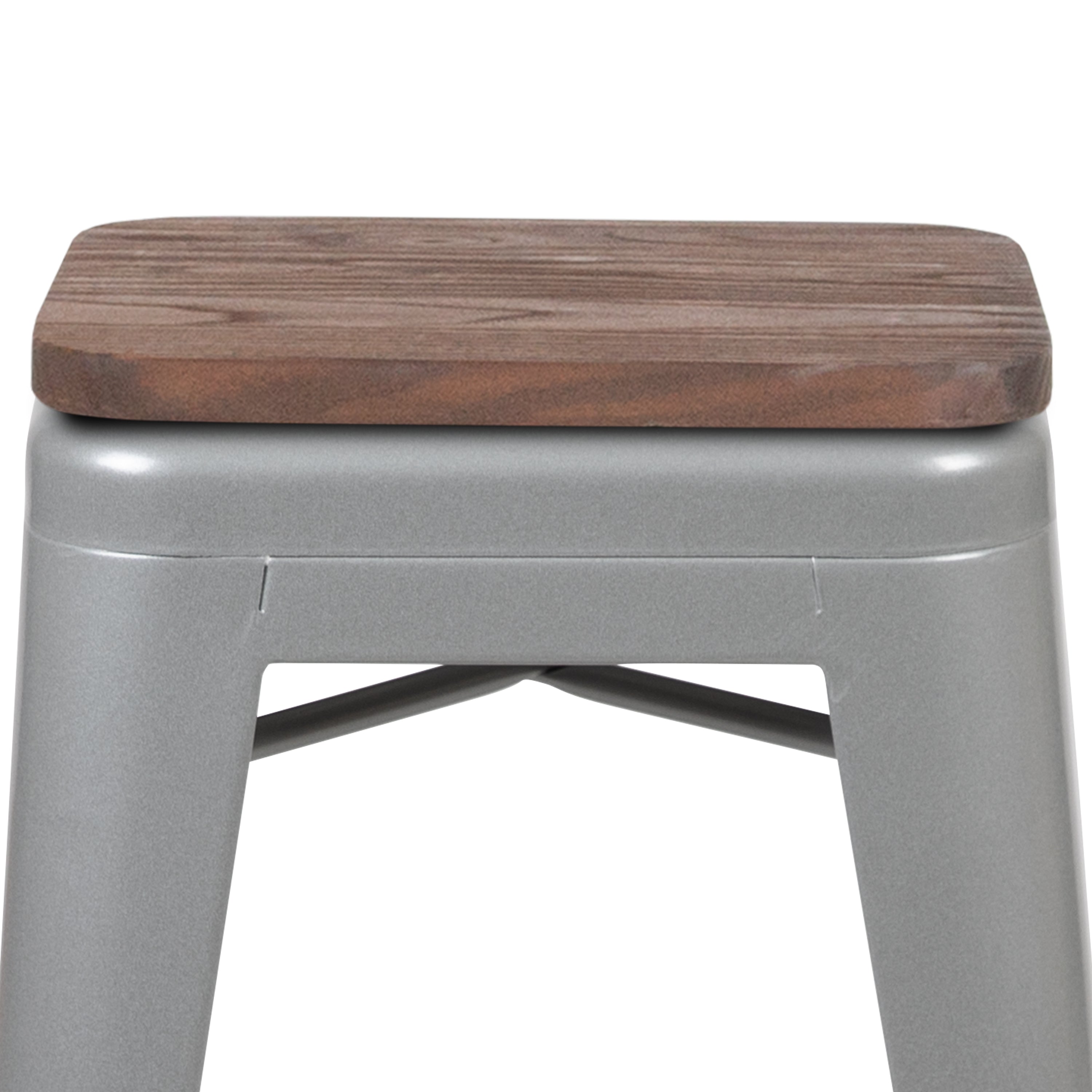 Cierra 24" High Metal Counter-Height, Indoor Bar Stool with Wood Seat in Silver - Stackable Set of 4