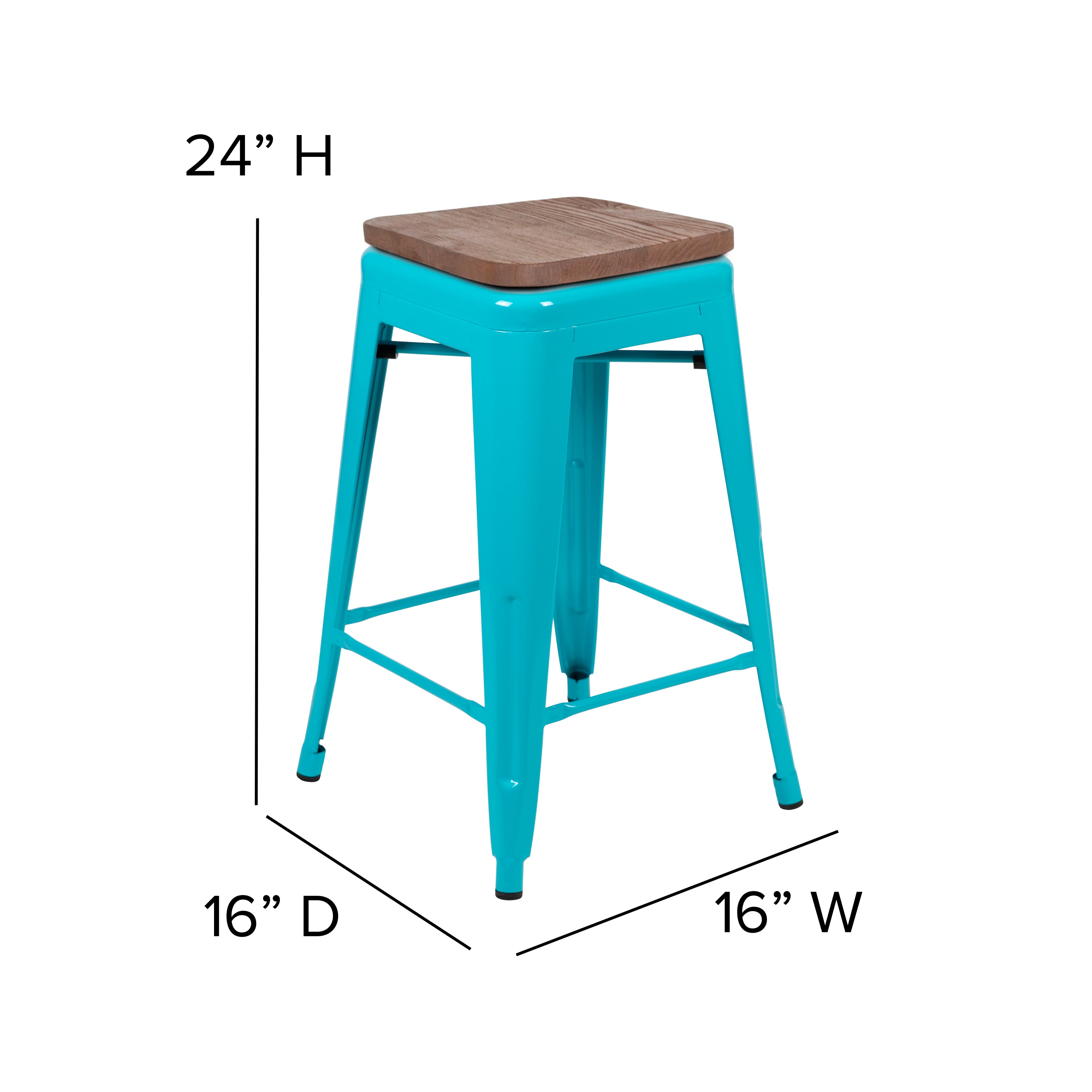 Cierra 24" High Metal Counter-Height, Indoor Bar Stool with Wood Seat in Teal - Stackable Set of 4