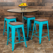 Cierra 24" High Metal Counter-Height, Indoor Bar Stool with Wood Seat in Teal - Stackable Set of 4
