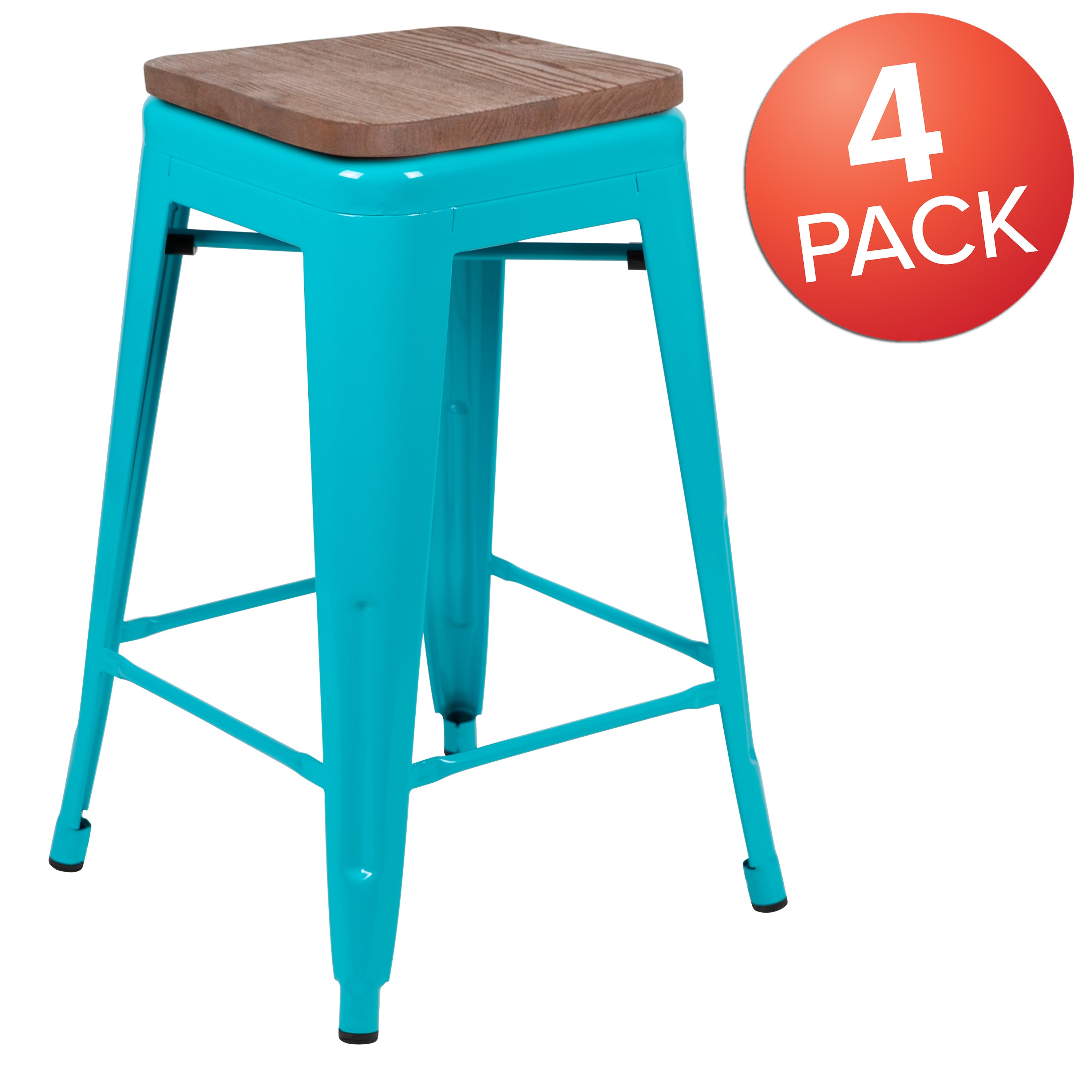 Cierra 24" High Metal Counter-Height, Indoor Bar Stool with Wood Seat in Teal - Stackable Set of 4