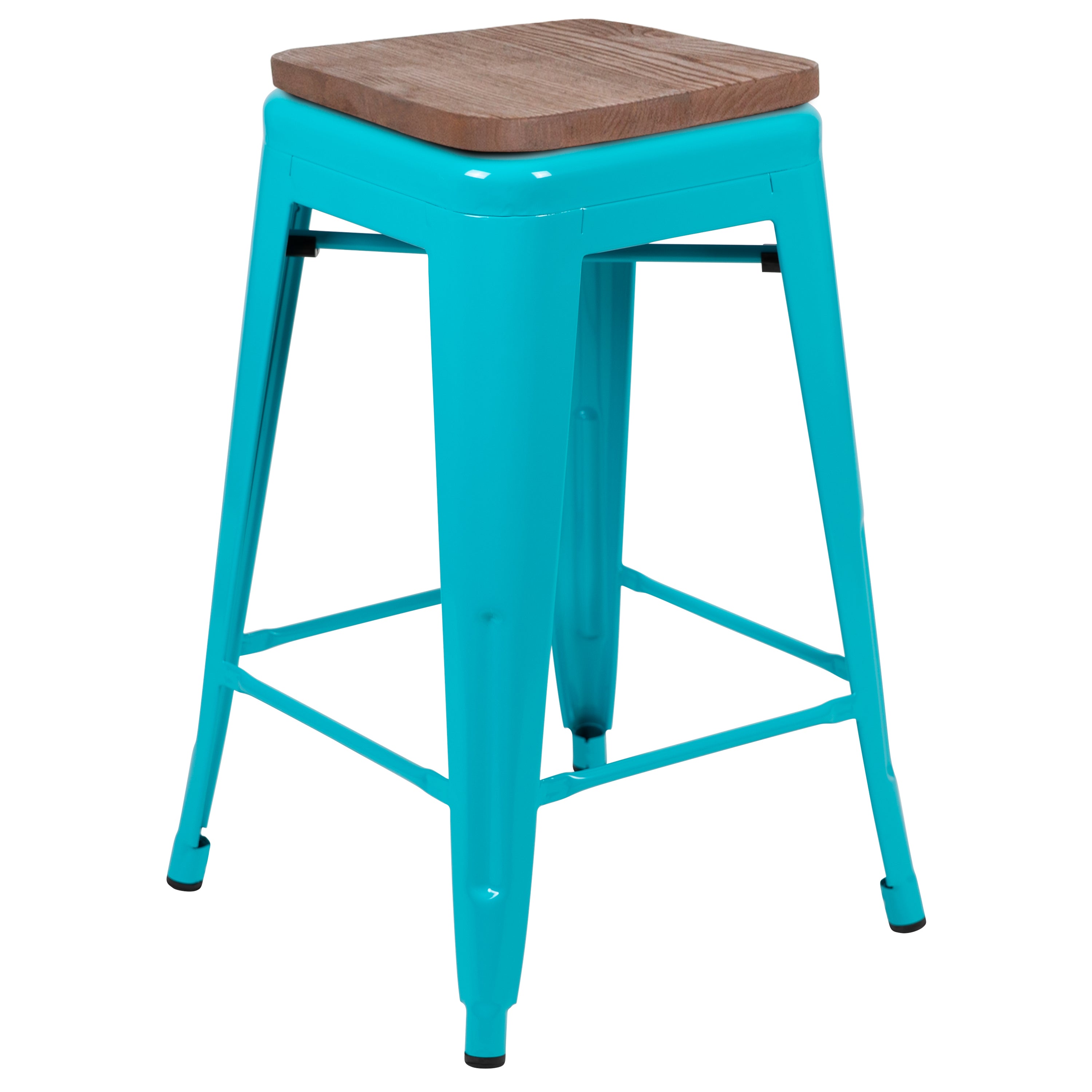 Cierra 24" High Metal Counter-Height, Indoor Bar Stool with Wood Seat in Teal - Stackable Set of 4