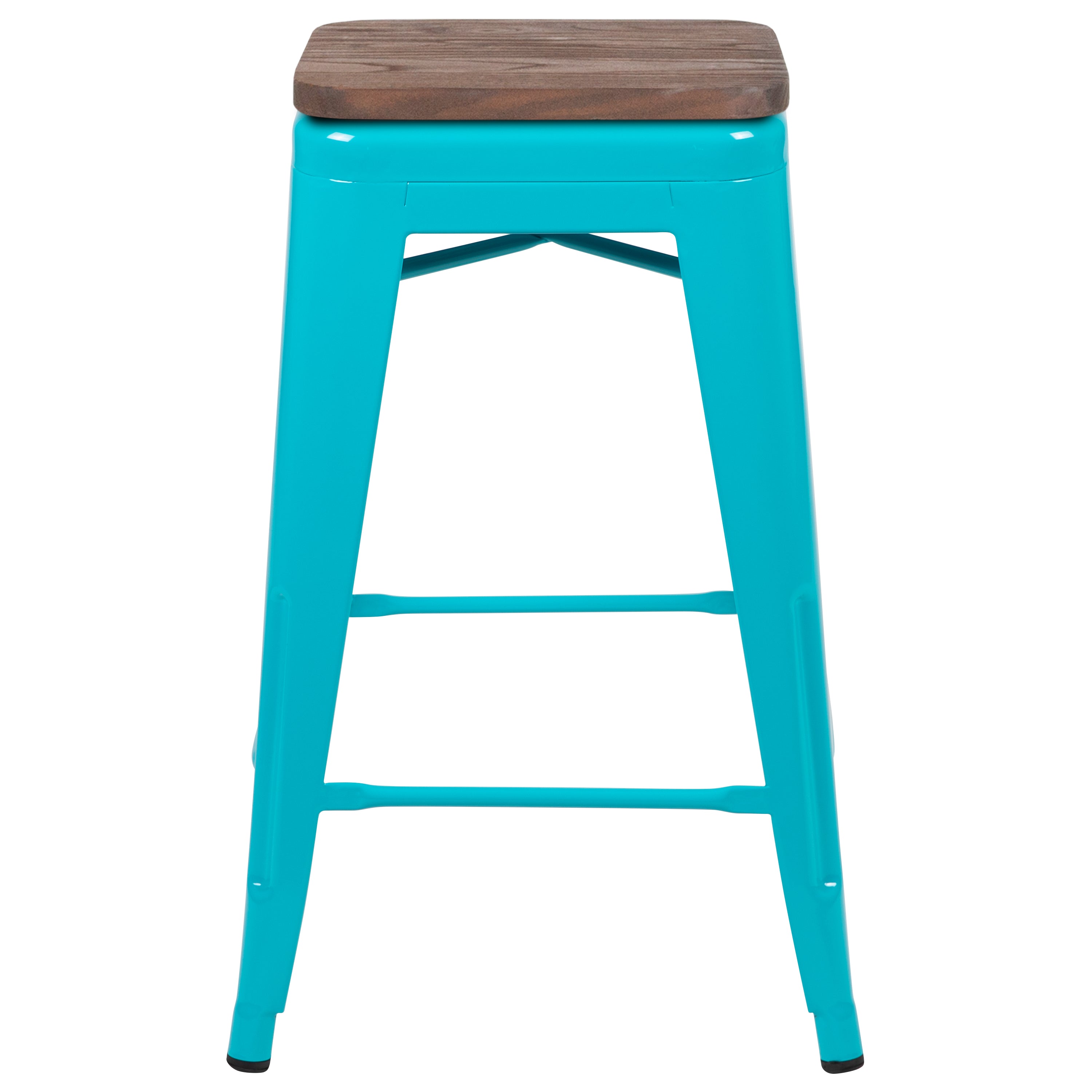 Cierra 24" High Metal Counter-Height, Indoor Bar Stool with Wood Seat in Teal - Stackable Set of 4
