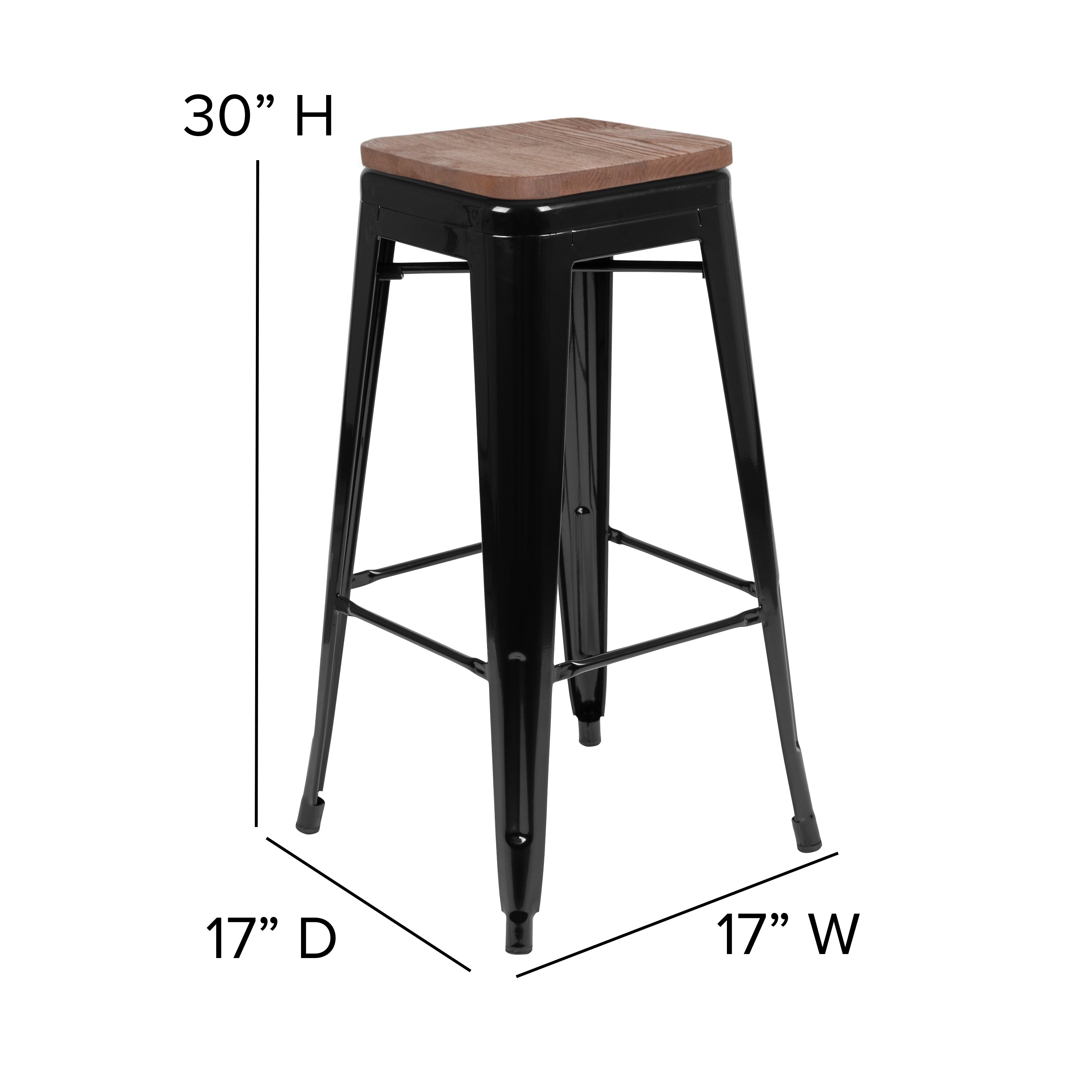 Cierra 30" High Metal Indoor Bar Stool with Wood Seat in Black - Stackable Set of 4
