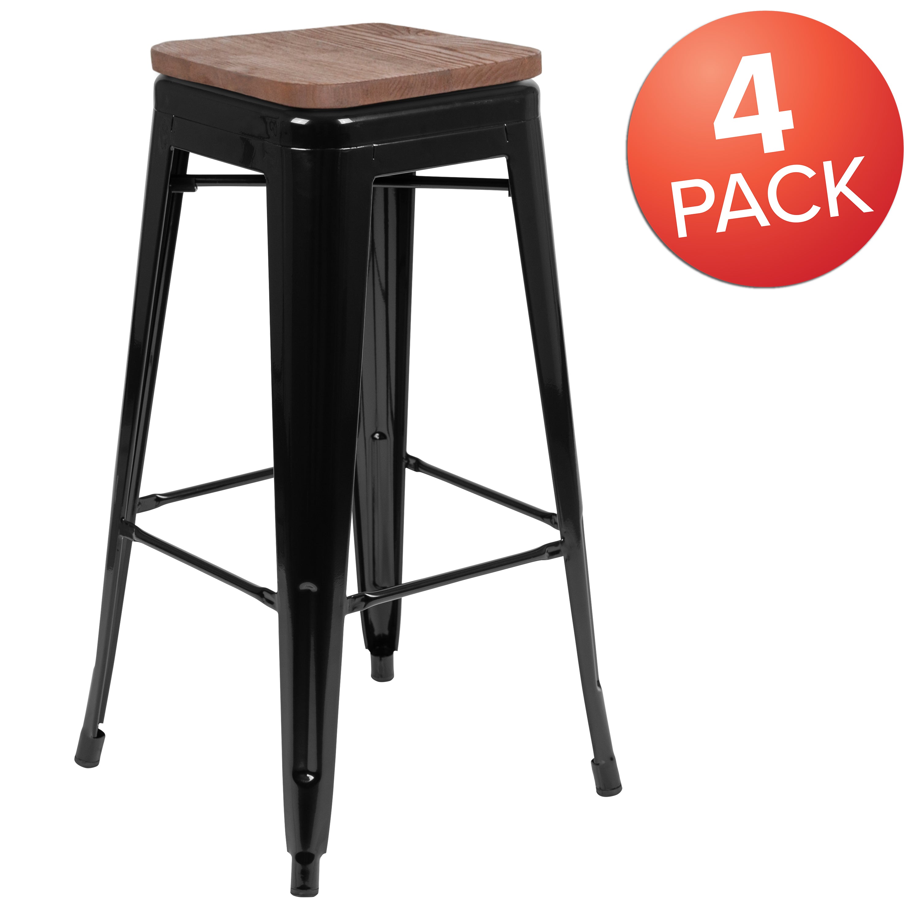Cierra 30" High Metal Indoor Bar Stool with Wood Seat in Black - Stackable Set of 4