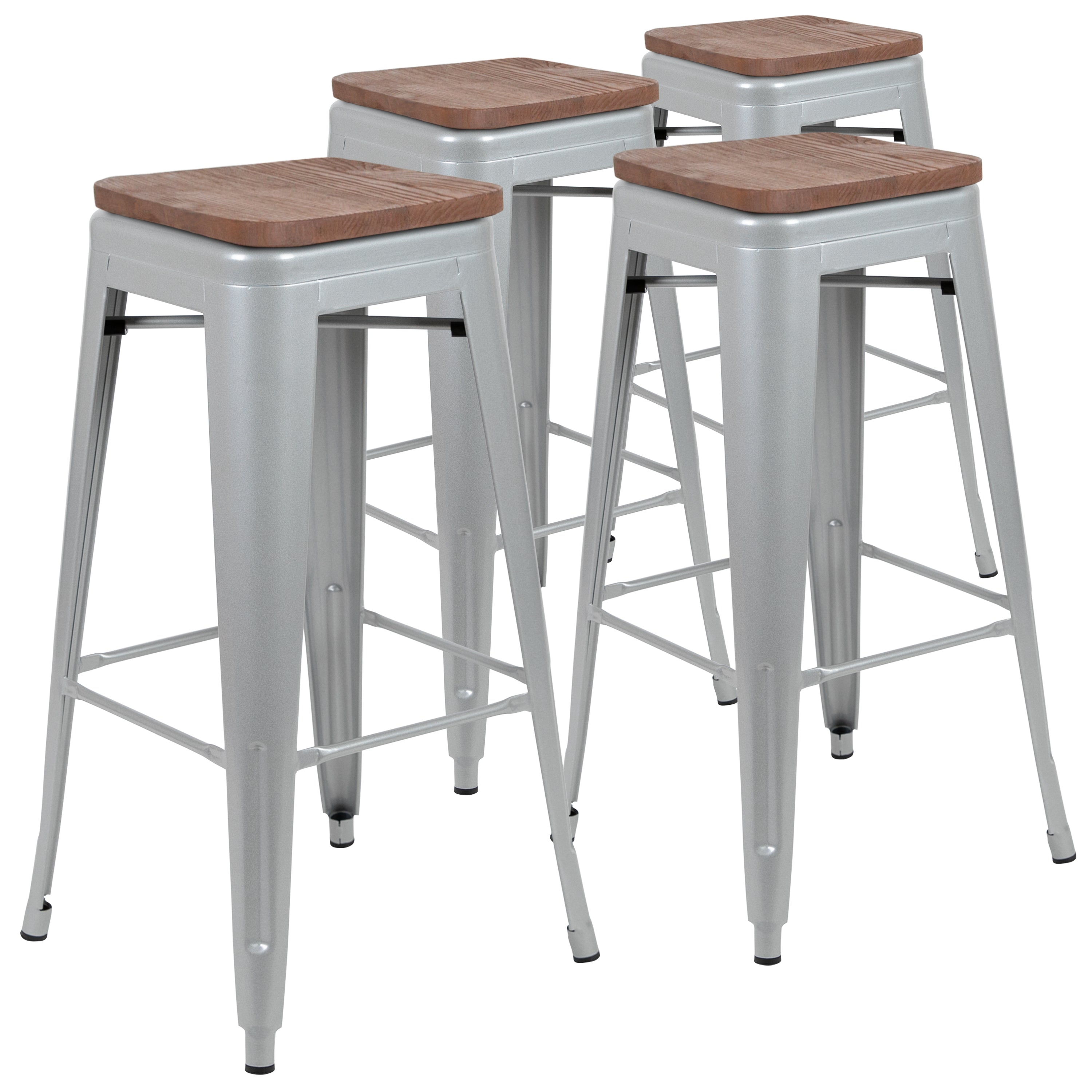 Cierra 30" High Metal Indoor Bar Stool with Wood Seat in Silver - Stackable Set of 4
