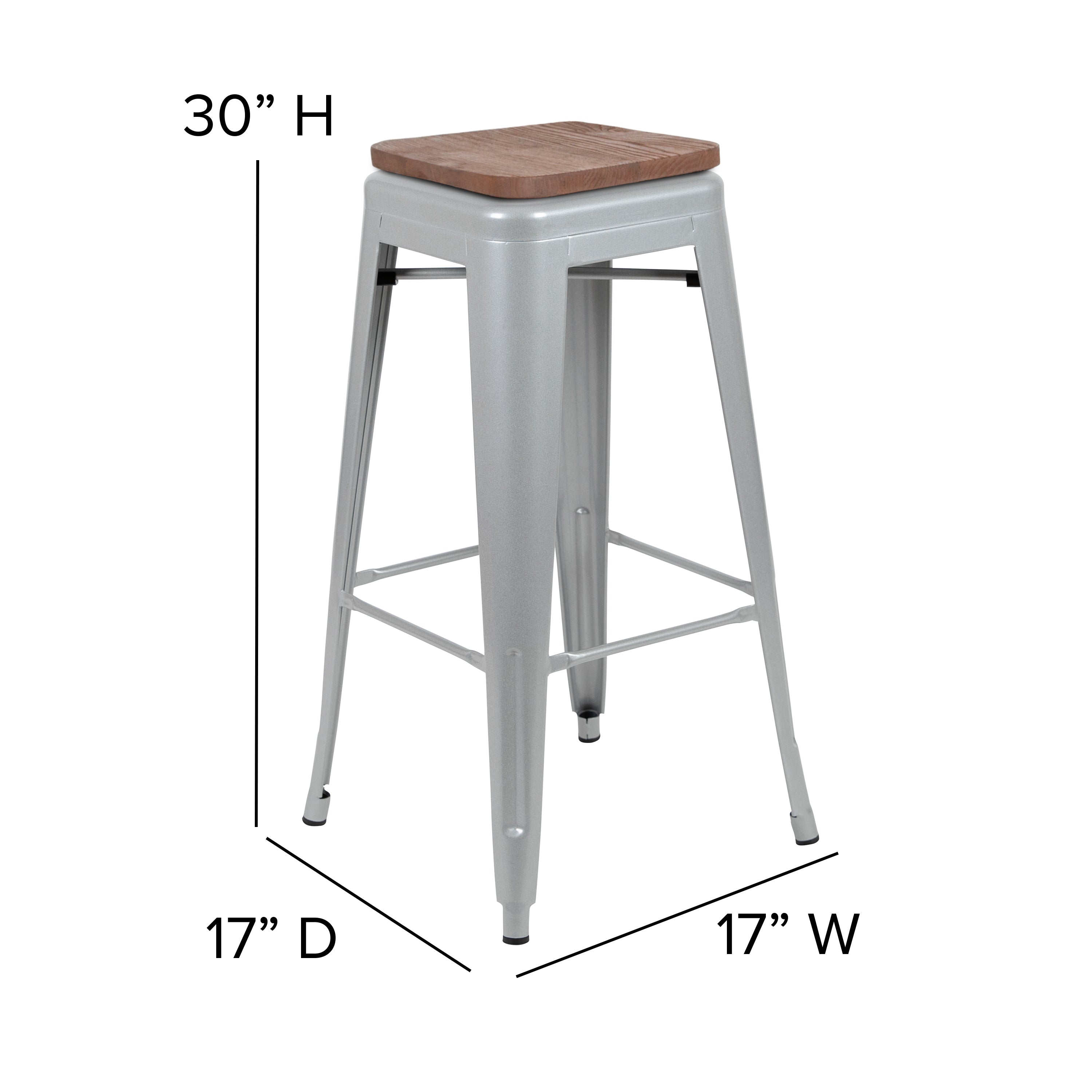 Cierra 30" High Metal Indoor Bar Stool with Wood Seat in Silver - Stackable Set of 4