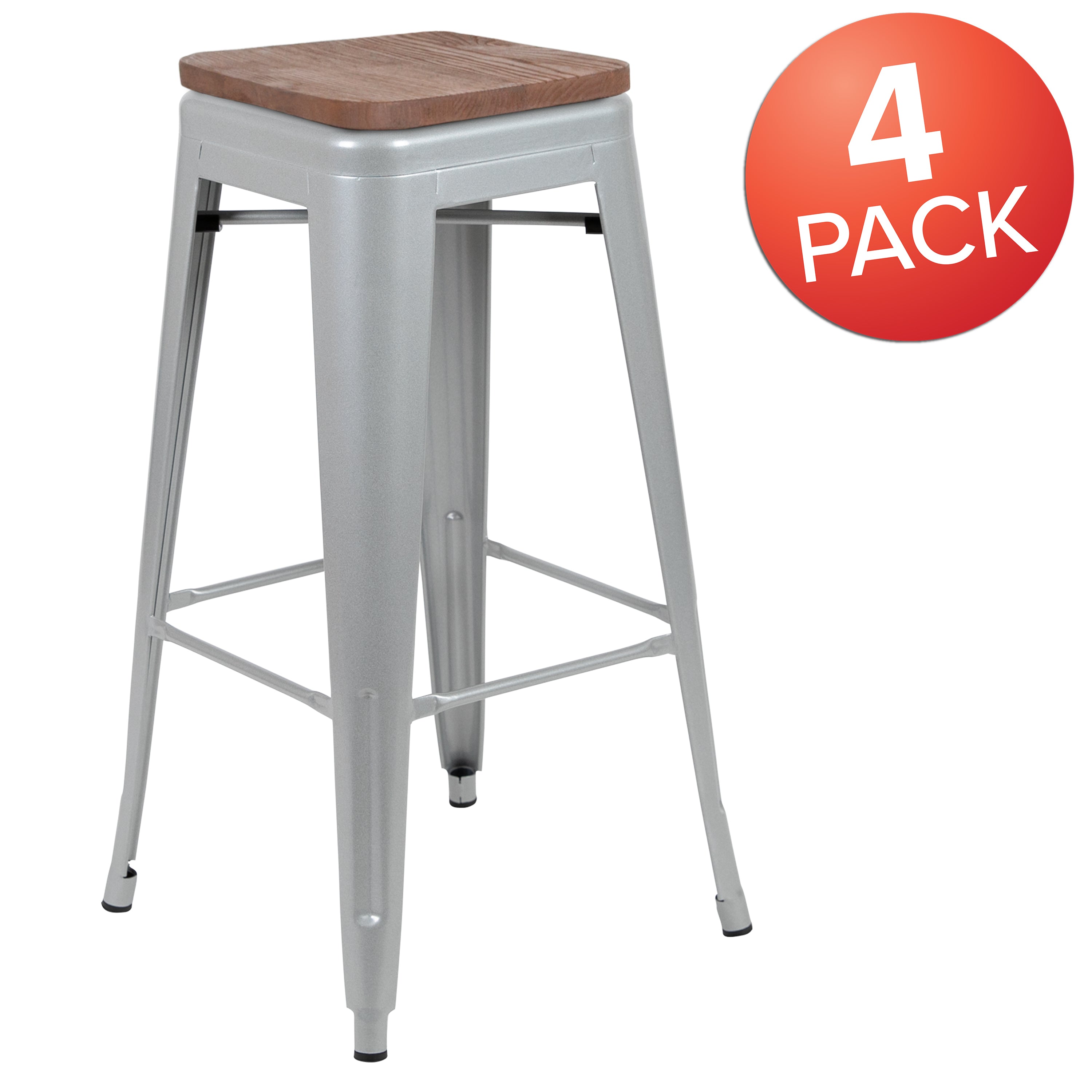 Cierra 30" High Metal Indoor Bar Stool with Wood Seat in Silver - Stackable Set of 4