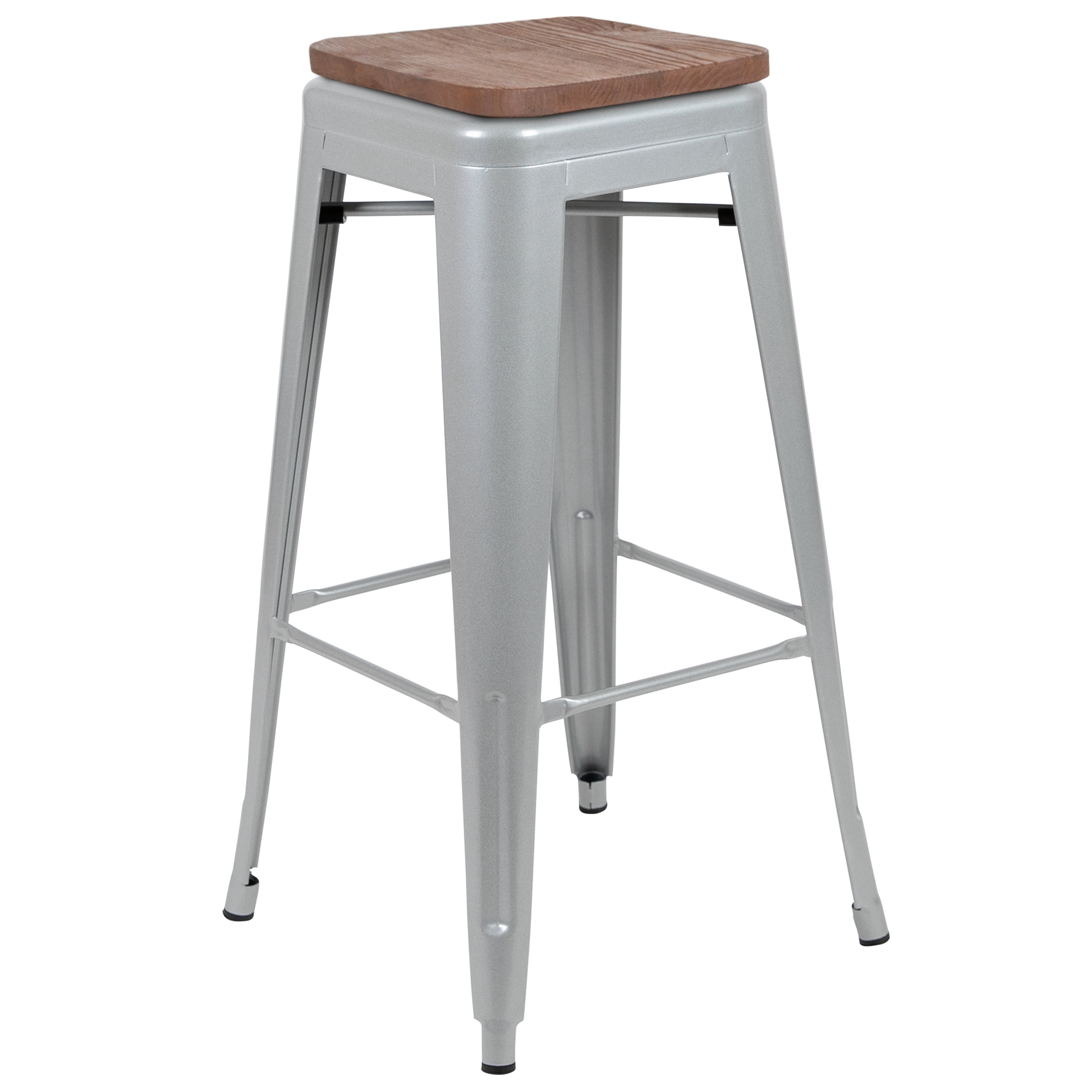 Cierra 30" High Metal Indoor Bar Stool with Wood Seat in Silver - Stackable Set of 4