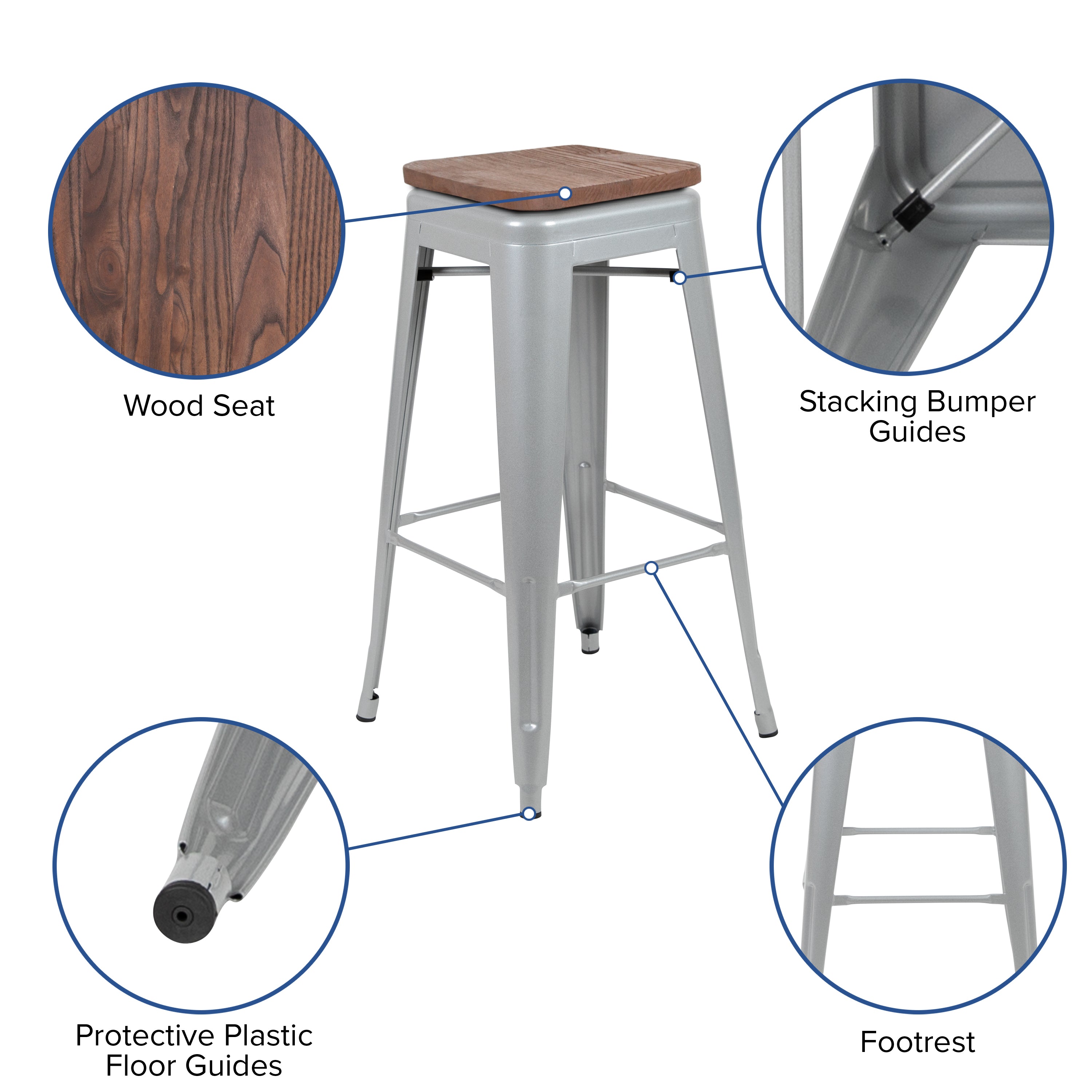 Cierra 30" High Metal Indoor Bar Stool with Wood Seat in Silver - Stackable Set of 4