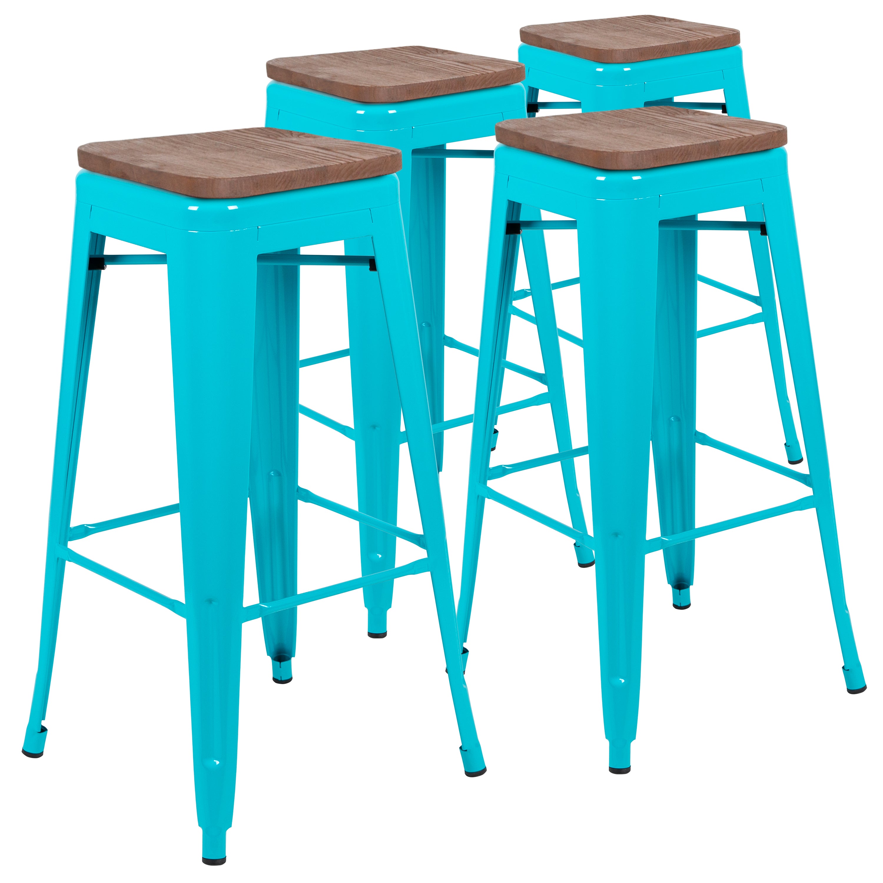 Cierra 30" High Metal Indoor Bar Stool with Wood Seat in Teal - Stackable Set of 4