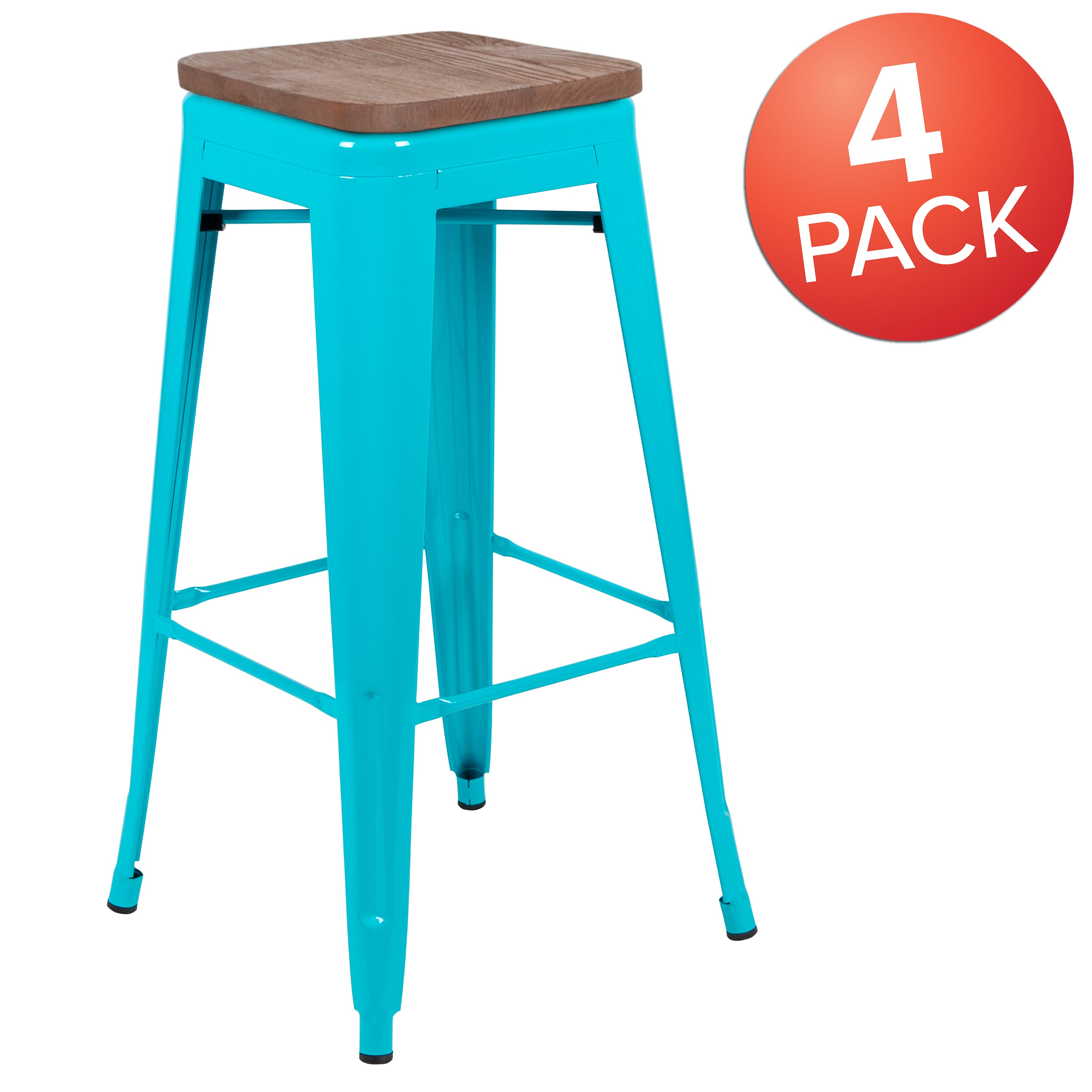 Cierra 30" High Metal Indoor Bar Stool with Wood Seat in Teal - Stackable Set of 4