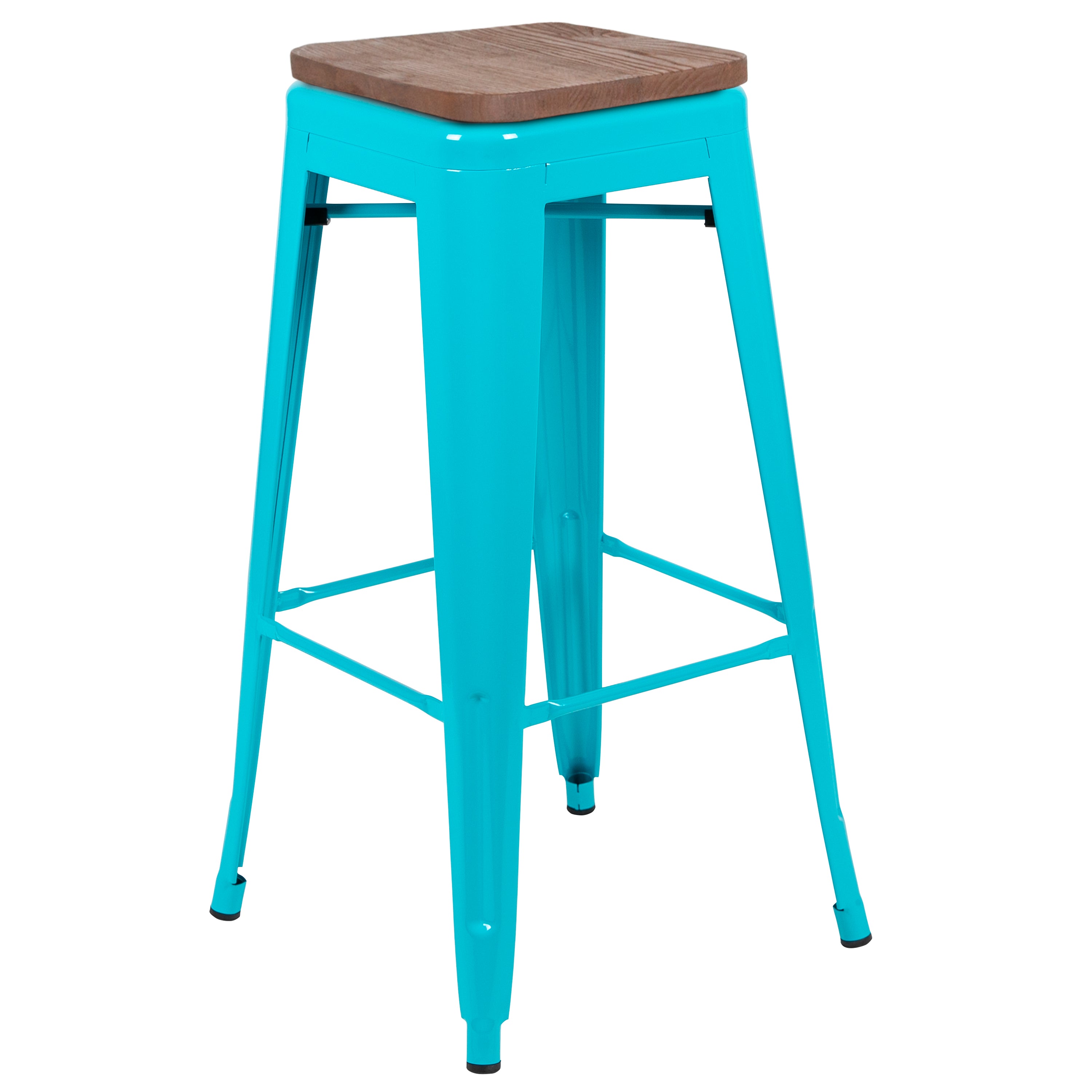 Cierra 30" High Metal Indoor Bar Stool with Wood Seat in Teal - Stackable Set of 4