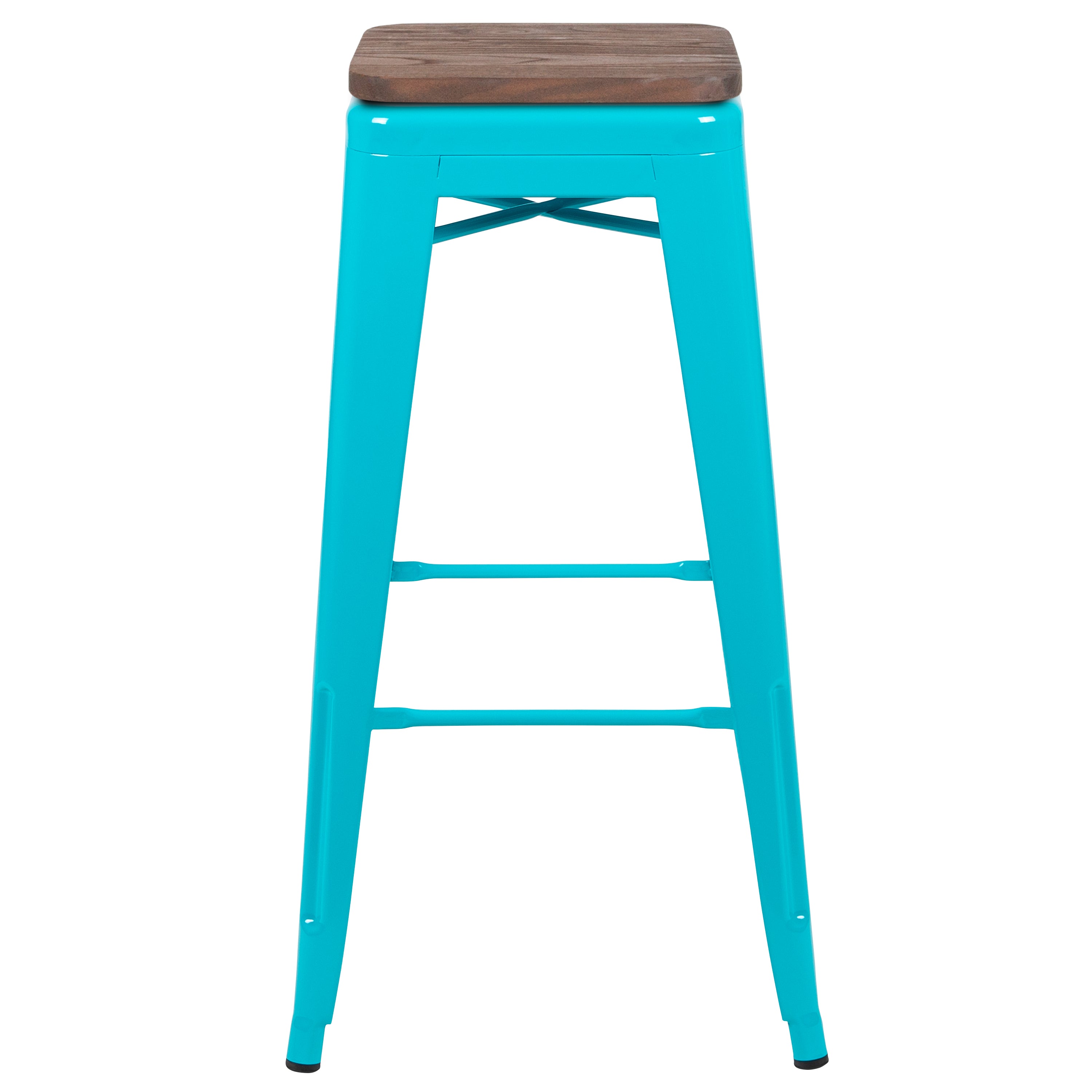 Cierra 30" High Metal Indoor Bar Stool with Wood Seat in Teal - Stackable Set of 4