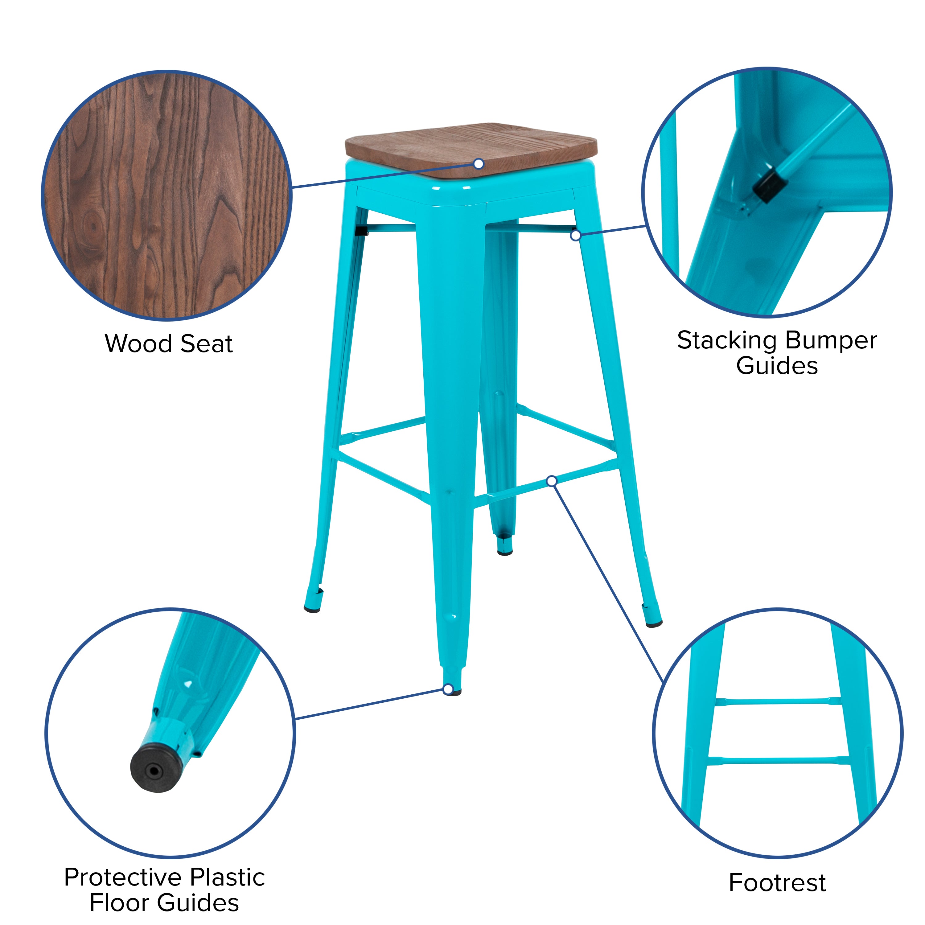 Cierra 30" High Metal Indoor Bar Stool with Wood Seat in Teal - Stackable Set of 4