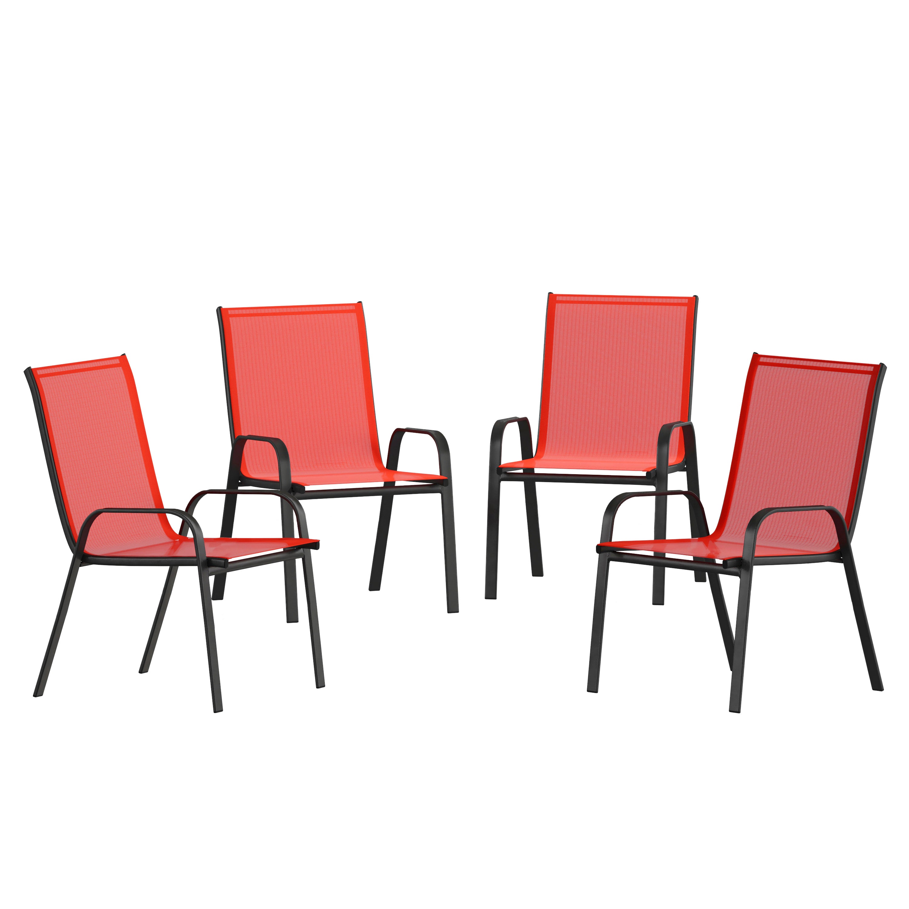 4 Pack Brazos Series Black Outdoor Stack Chair with Flex Comfort Material and Metal Frame