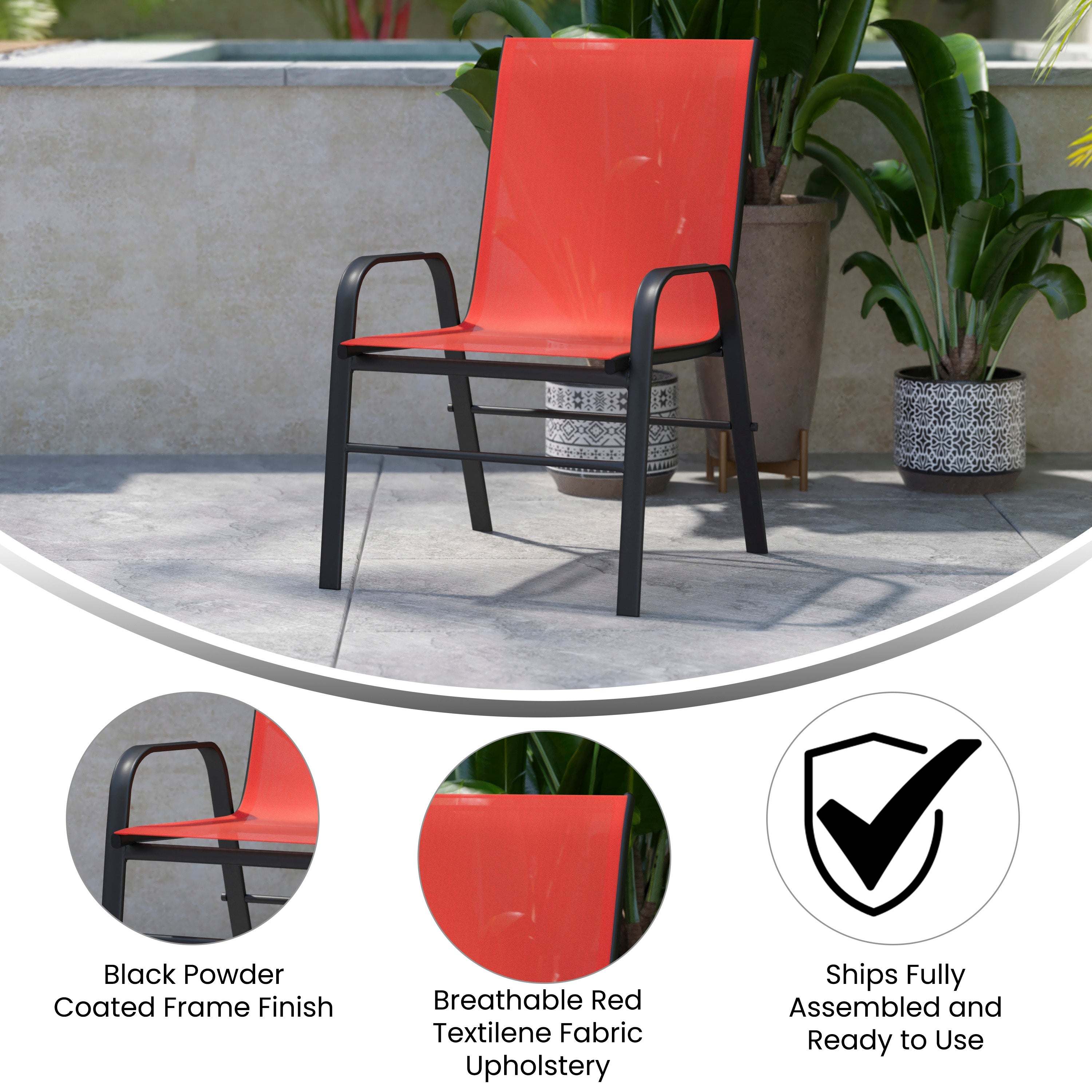 4 Pack Brazos Series Black Outdoor Stack Chair with Flex Comfort Material and Metal Frame