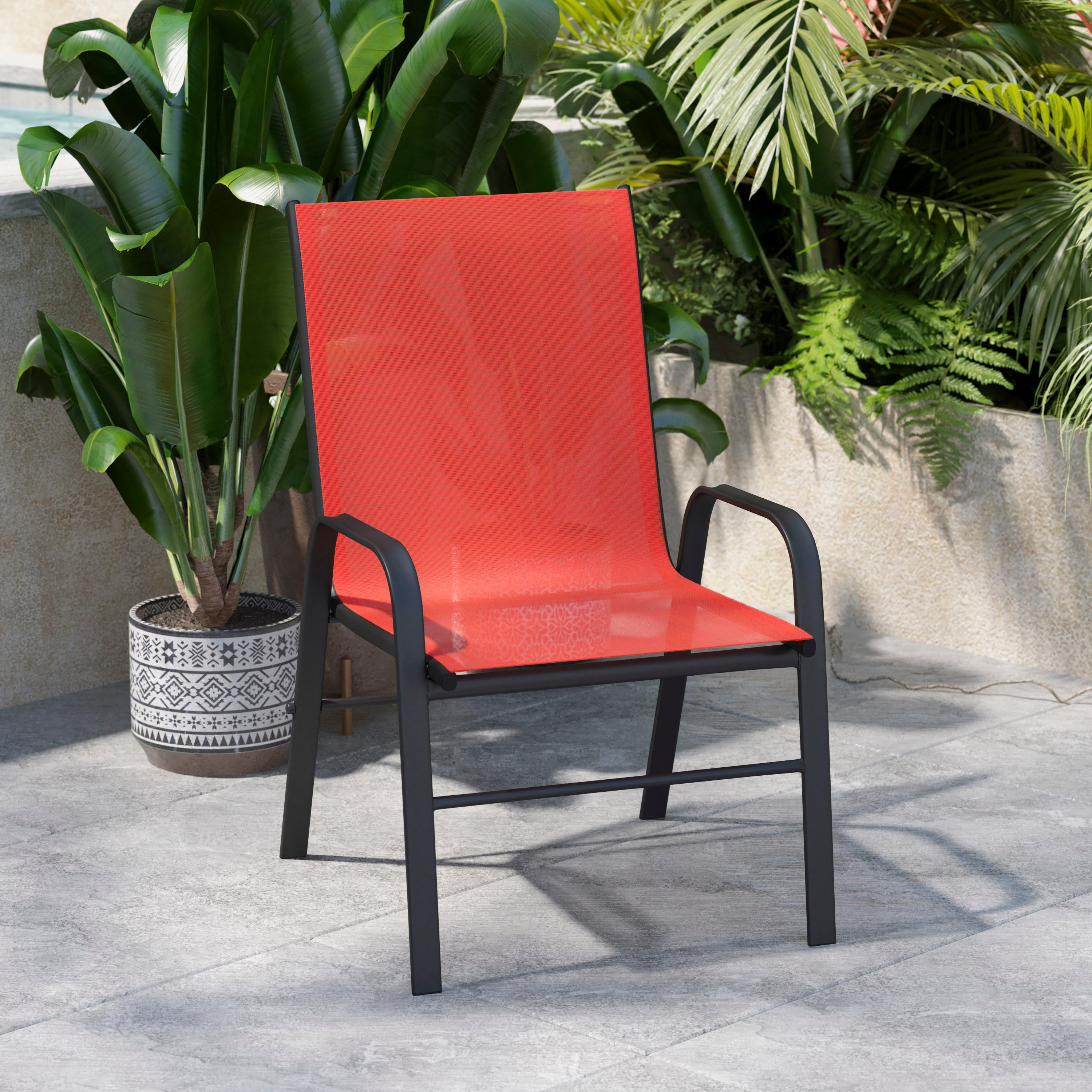 4 Pack Brazos Series Black Outdoor Stack Chair with Flex Comfort Material and Metal Frame