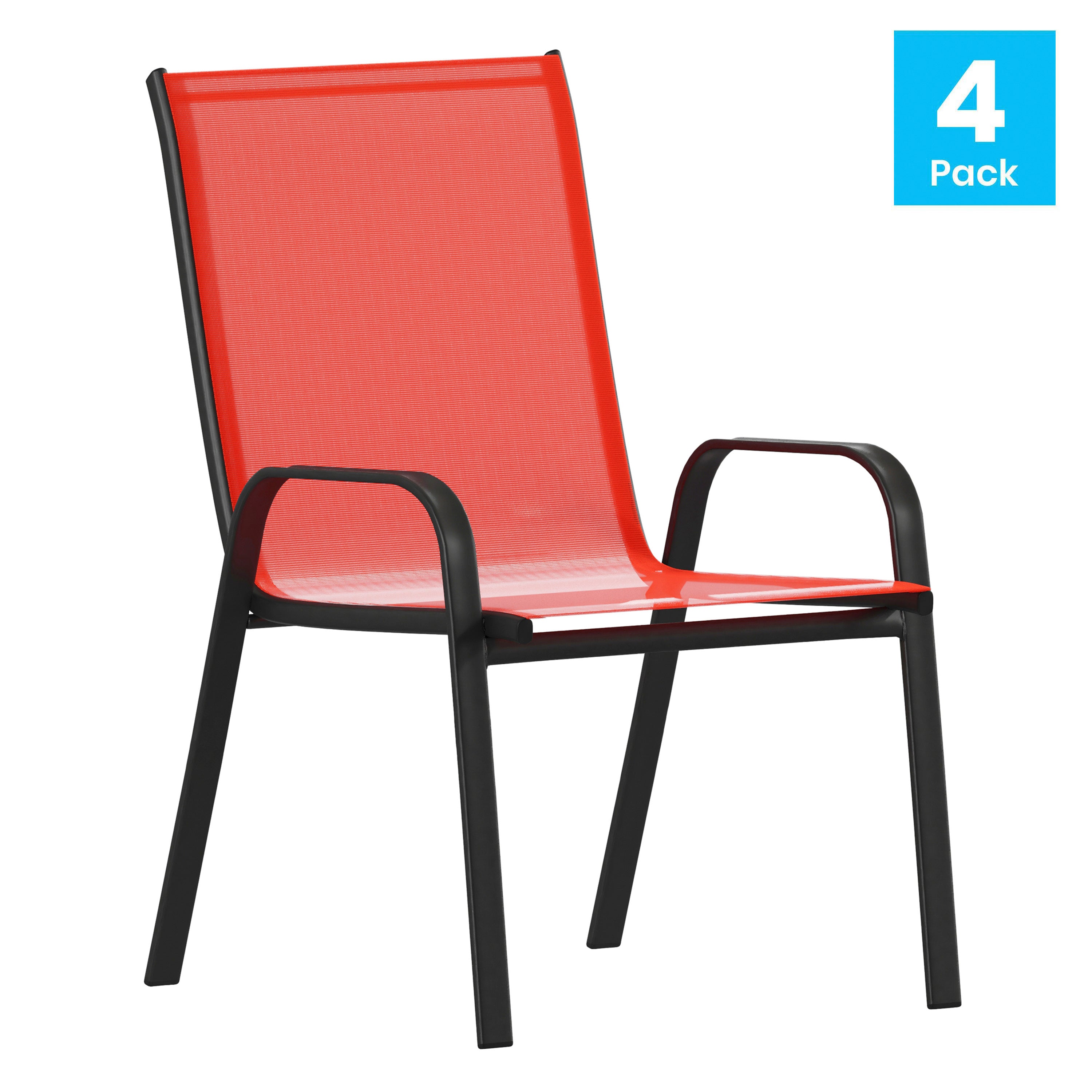 4 Pack Brazos Series Black Outdoor Stack Chair with Flex Comfort Material and Metal Frame