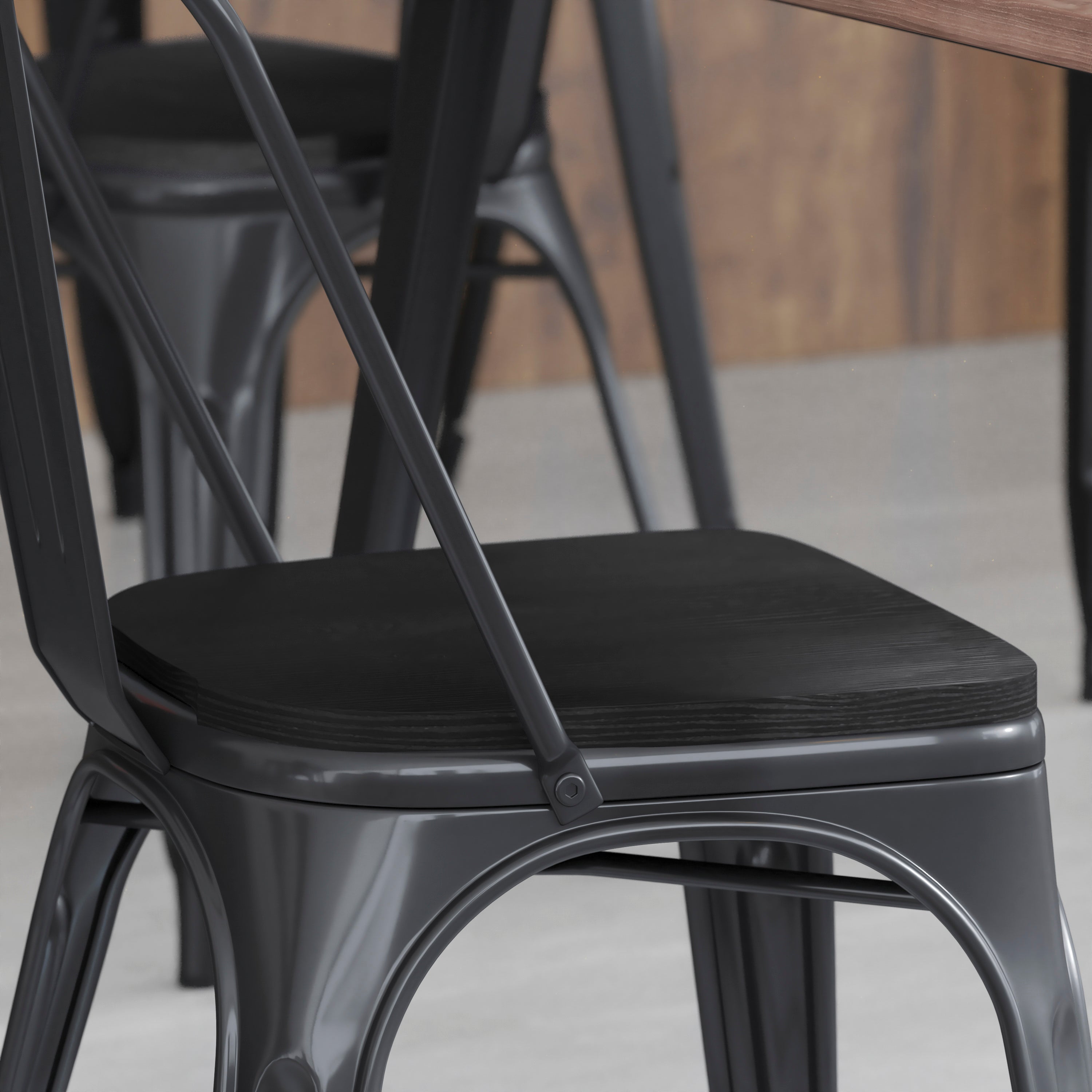 Perry Set of 4 Poly Resin Wood Seat with Rounded Edges for Colorful Metal Chairs and Stools in Black