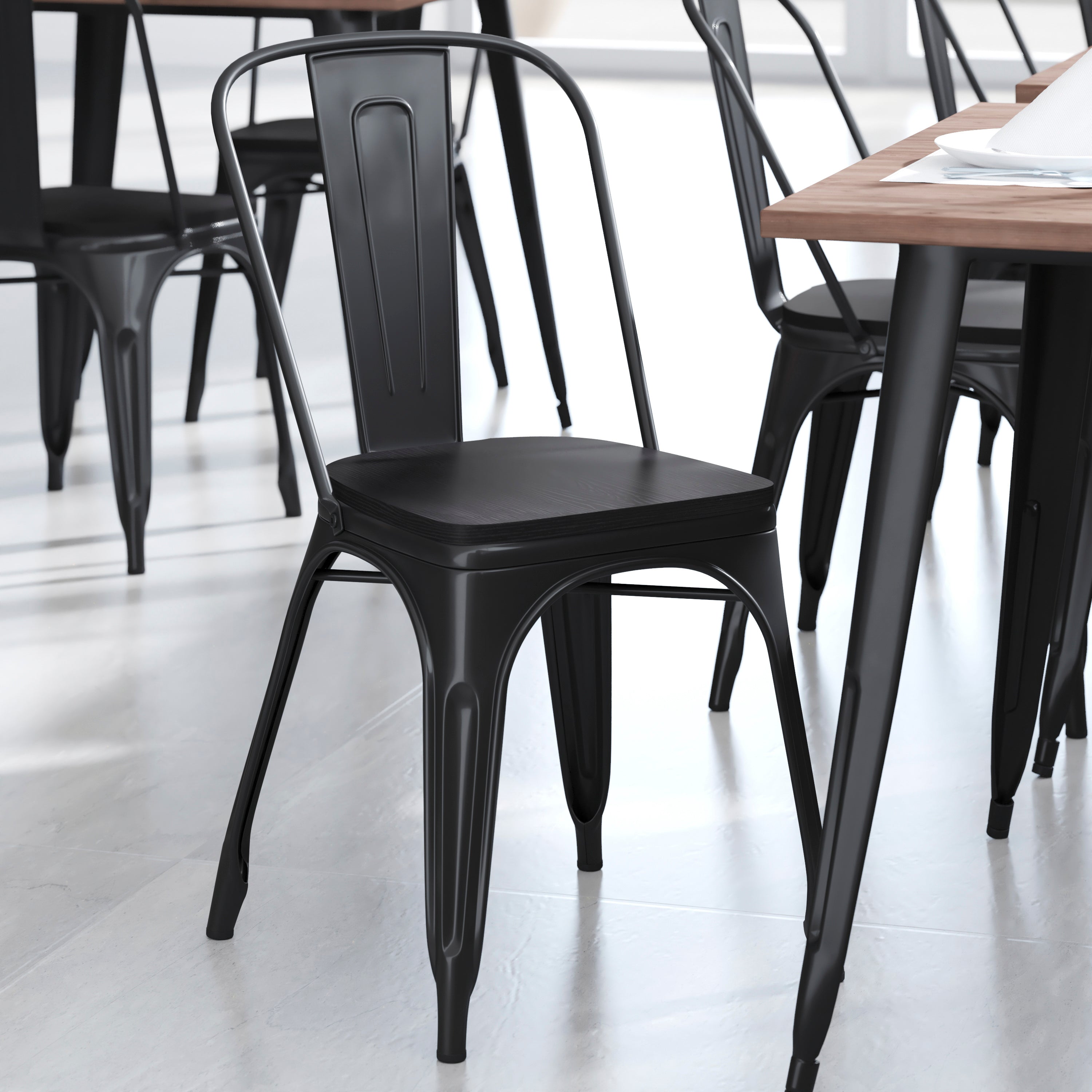 Perry Set of 4 Poly Resin Wood Seat with Rounded Edges for Colorful Metal Chairs and Stools in Black