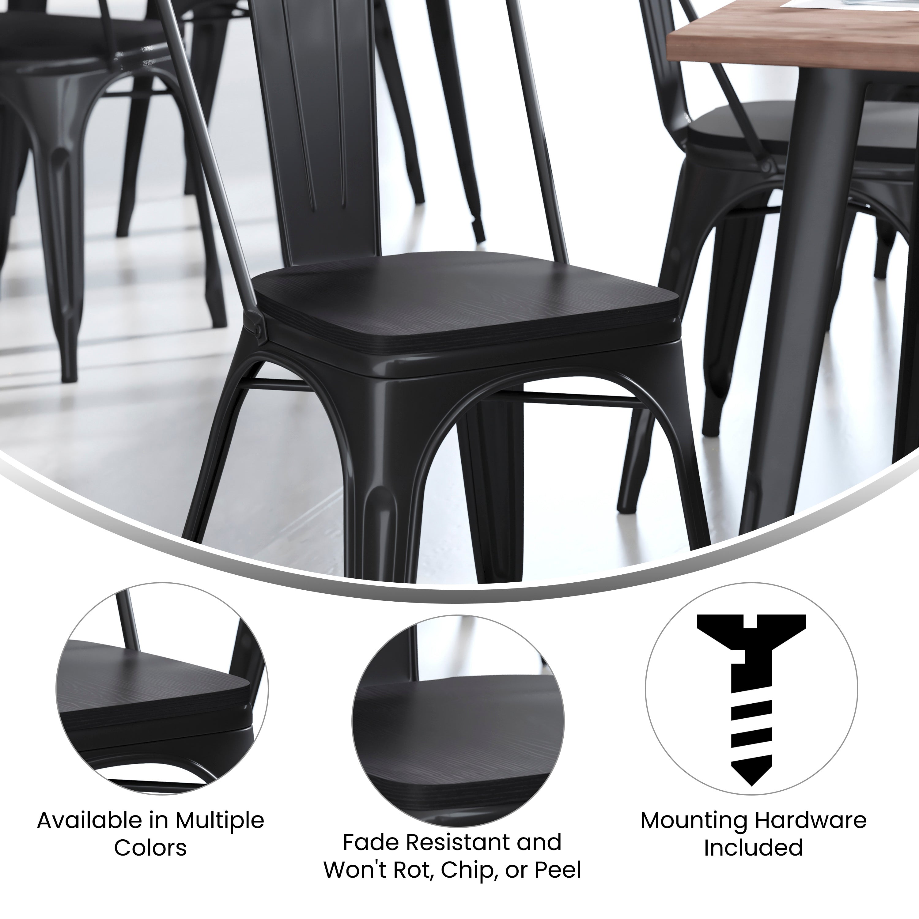Perry Set of 4 Poly Resin Wood Seat with Rounded Edges for Colorful Metal Chairs and Stools in Black