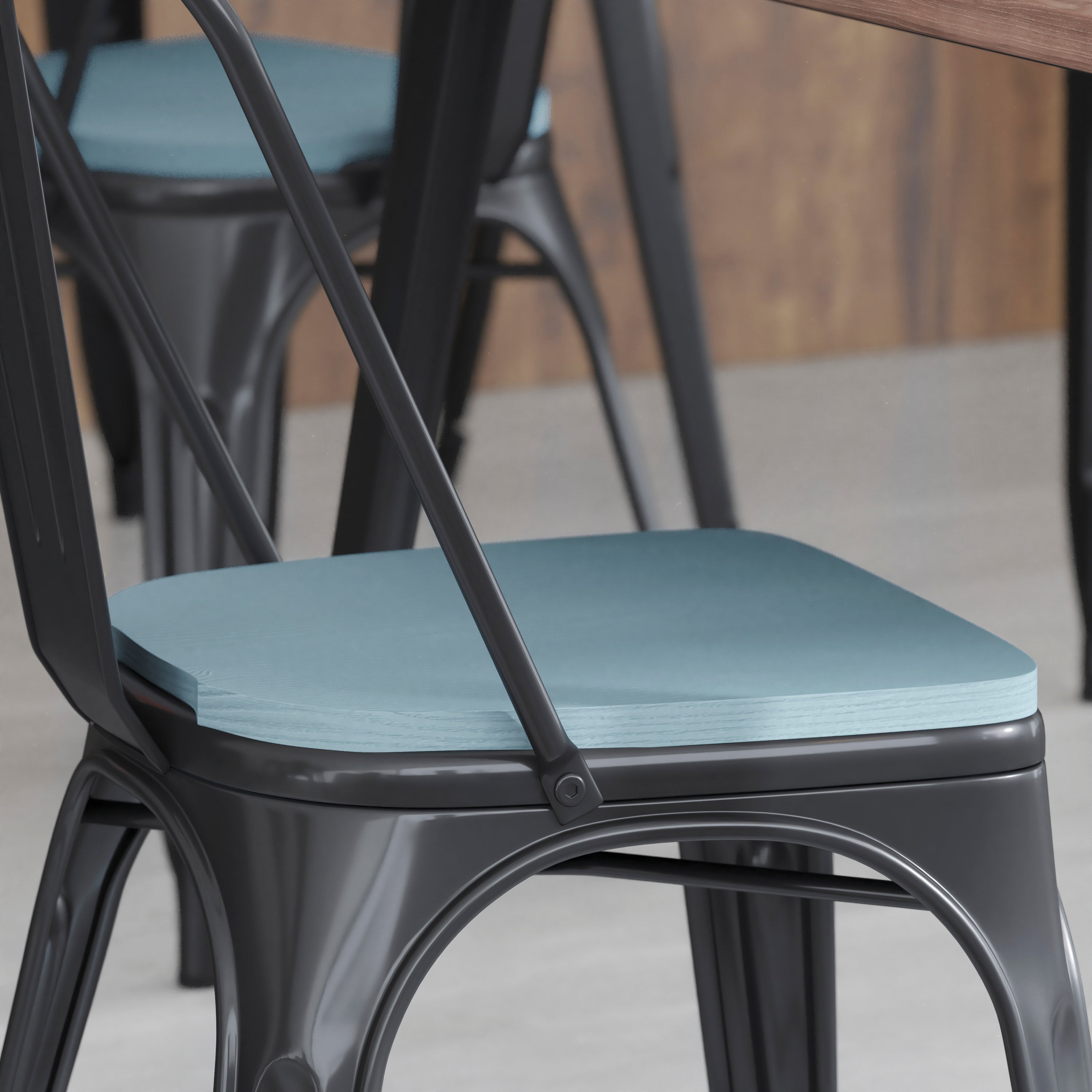 Perry Set of 4 Poly Resin Wood Seat with Rounded Edges for Colorful Metal Chairs and Stools in Teal-Blue