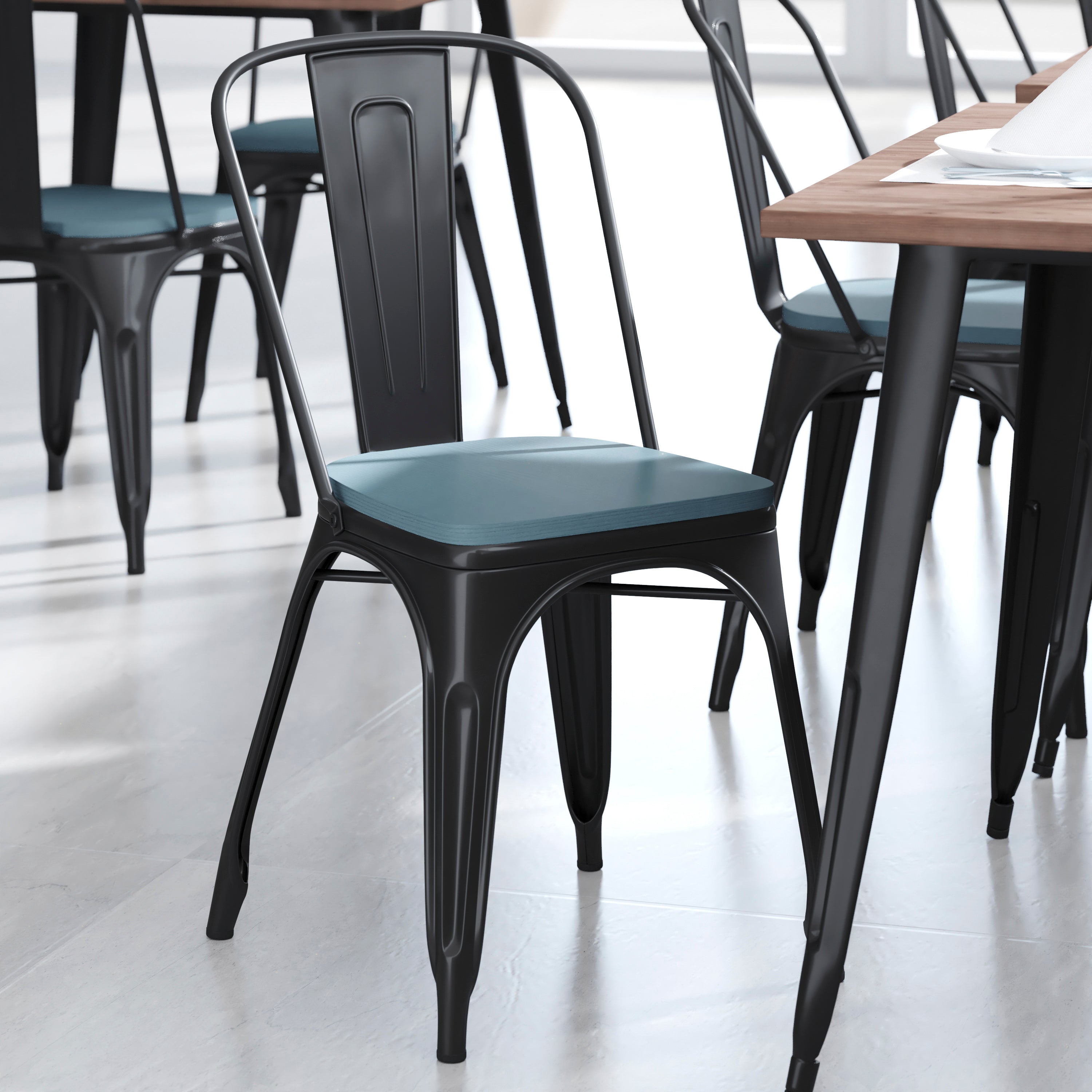Perry Set of 4 Poly Resin Wood Seat with Rounded Edges for Colorful Metal Chairs and Stools in Teal-Blue