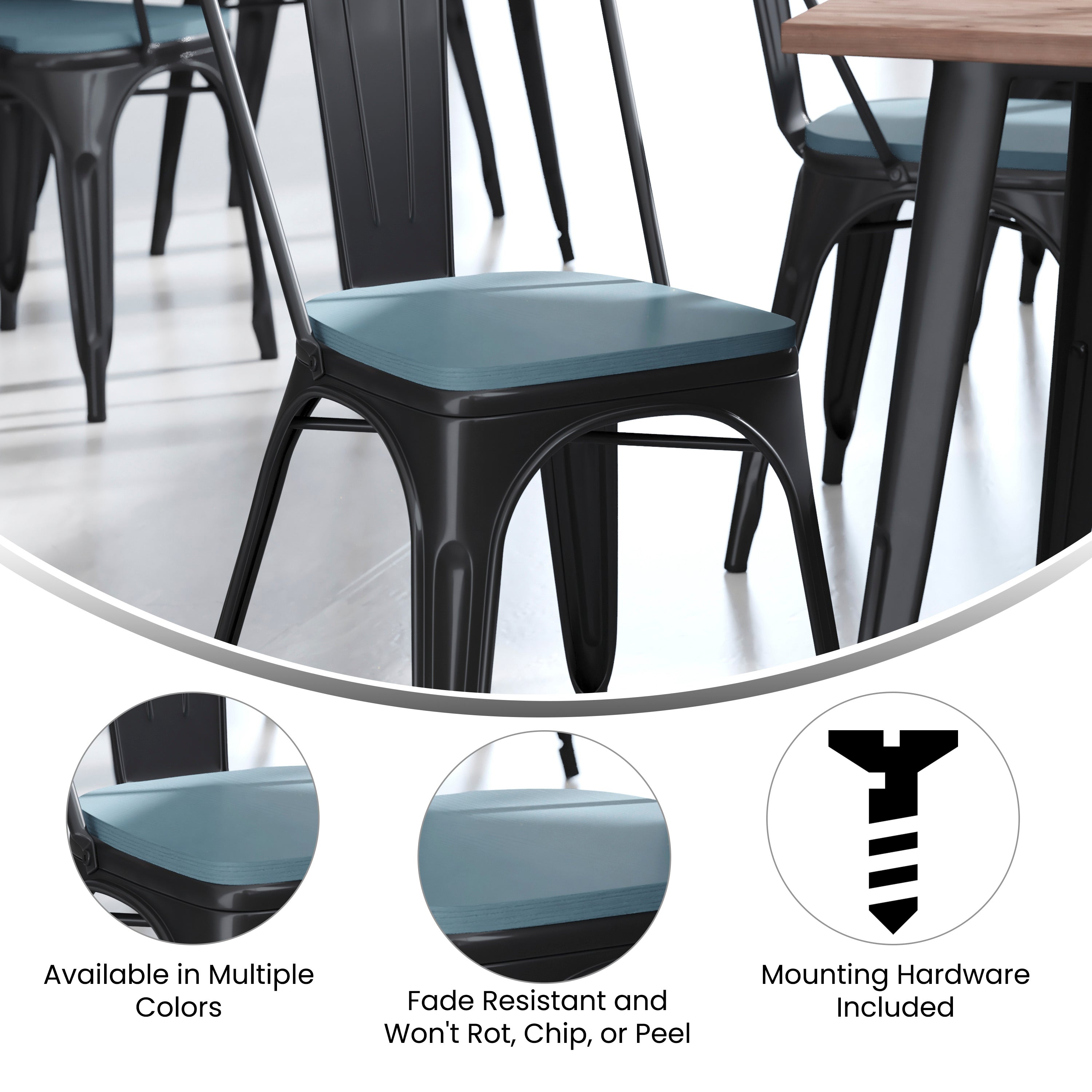 Perry Set of 4 Poly Resin Wood Seat with Rounded Edges for Colorful Metal Chairs and Stools in Teal-Blue