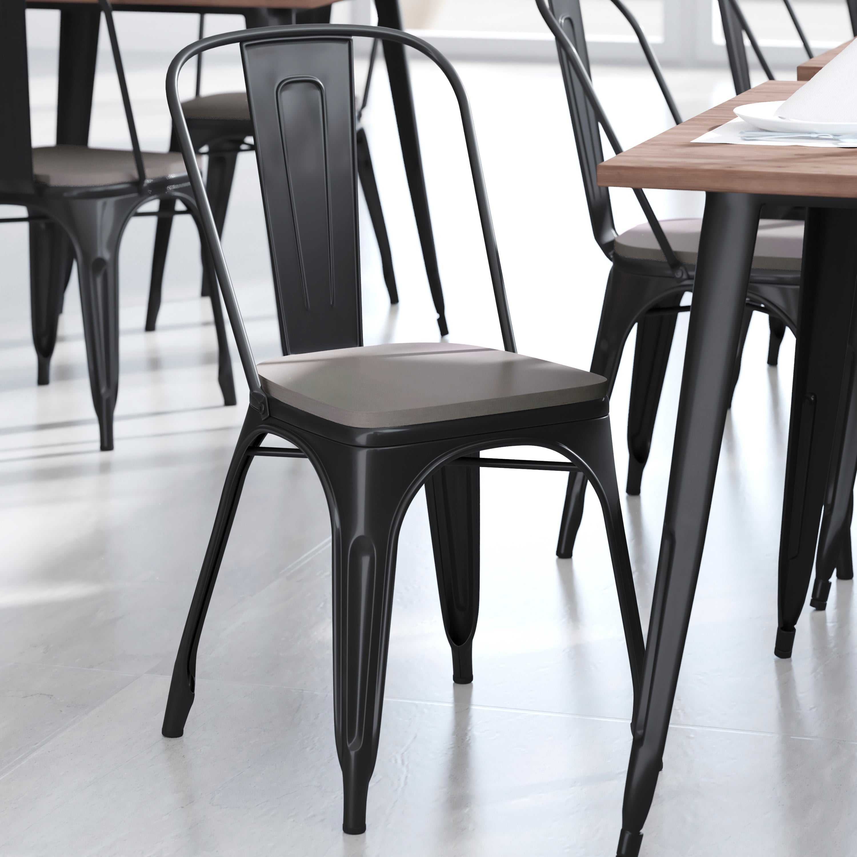 Perry Set of 4 Poly Resin Wood Seat with Rounded Edges for Colorful Metal Chairs and Stools in Gray