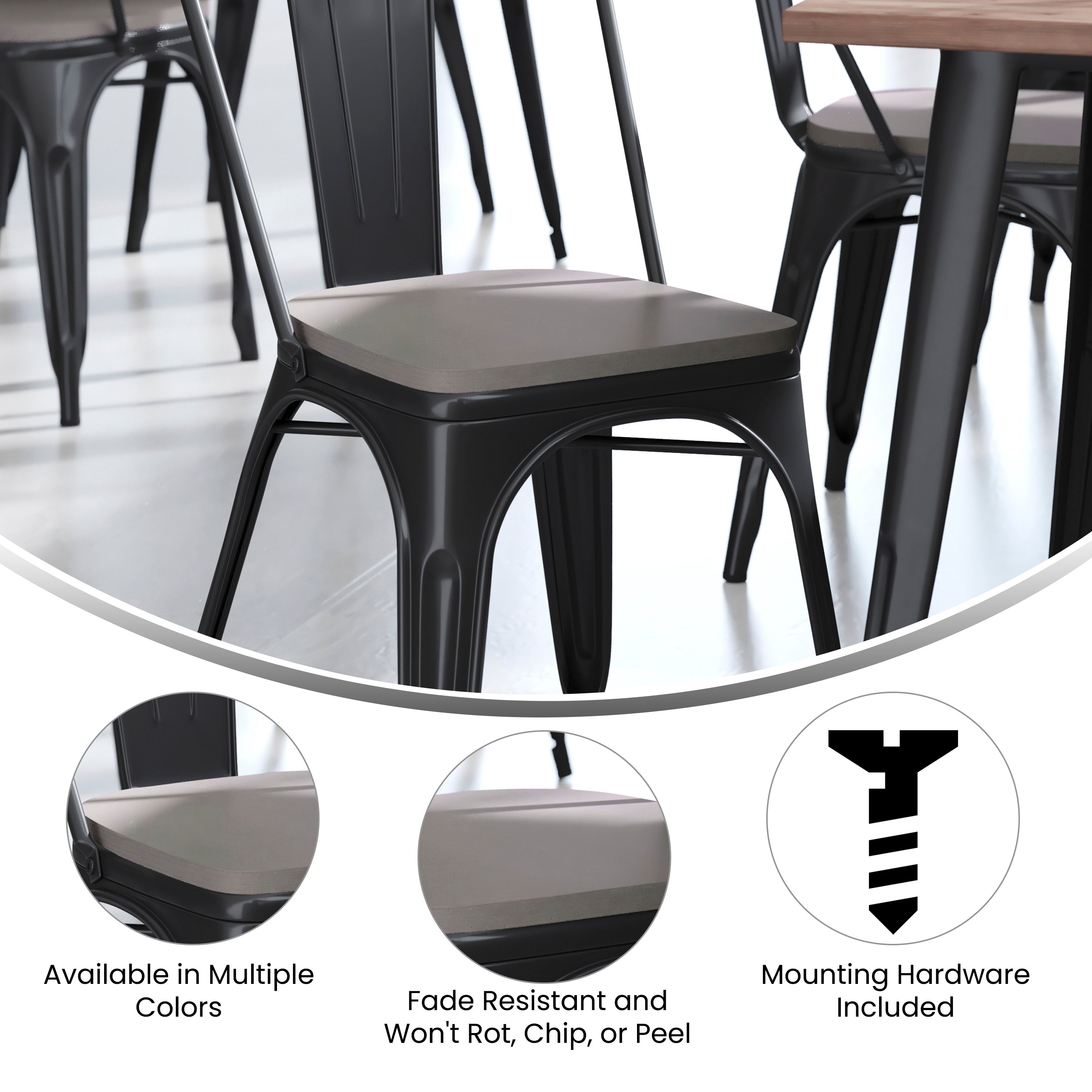 Perry Set of 4 Poly Resin Wood Seat with Rounded Edges for Colorful Metal Chairs and Stools in Gray