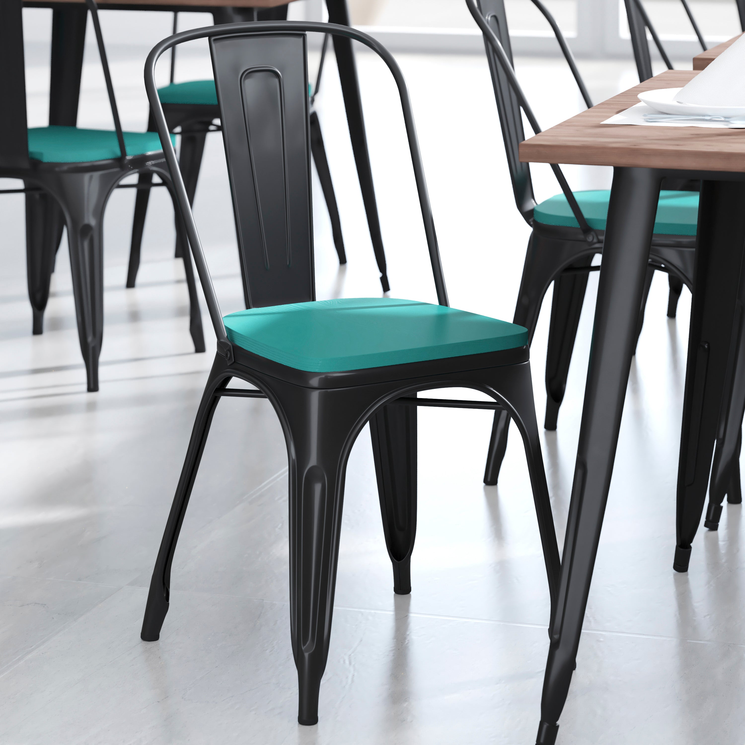 Perry Set of 4 Poly Resin Wood Seat with Rounded Edges for Colorful Metal Chairs and Stools in Mint