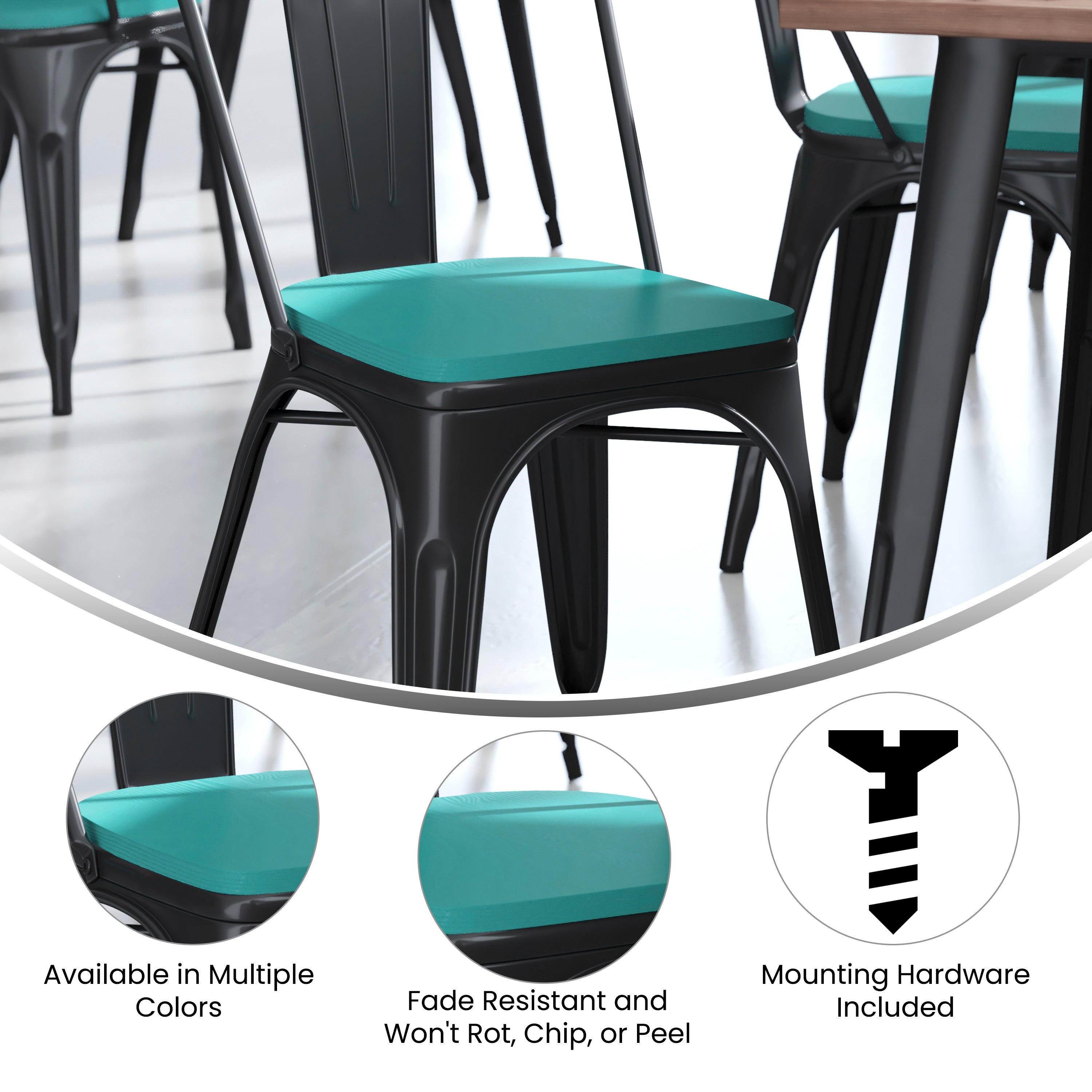 Perry Set of 4 Poly Resin Wood Seat with Rounded Edges for Colorful Metal Chairs and Stools in Mint