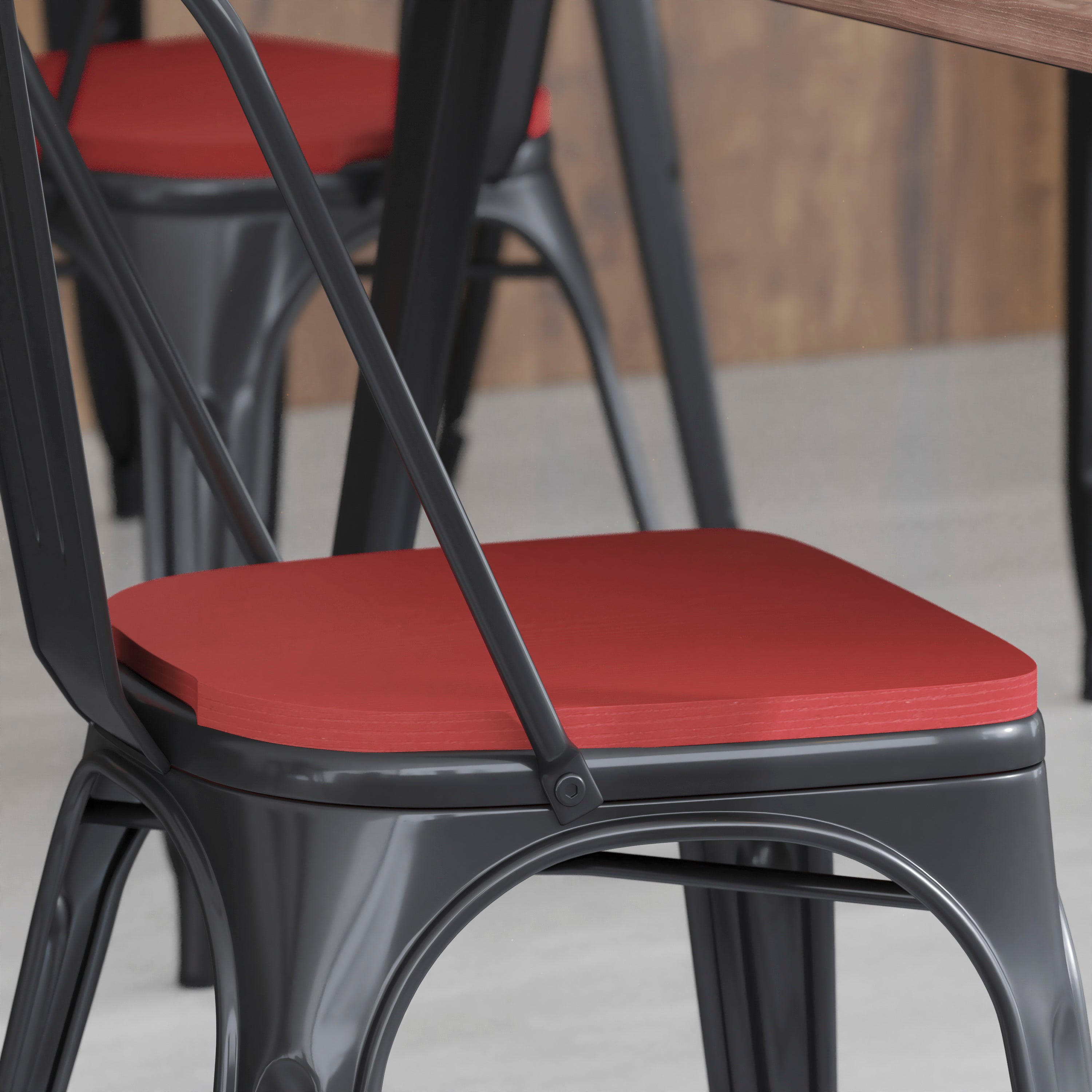 Perry Set of 4 Poly Resin Wood Seat with Rounded Edges for Colorful Metal Chairs and Stools in Red