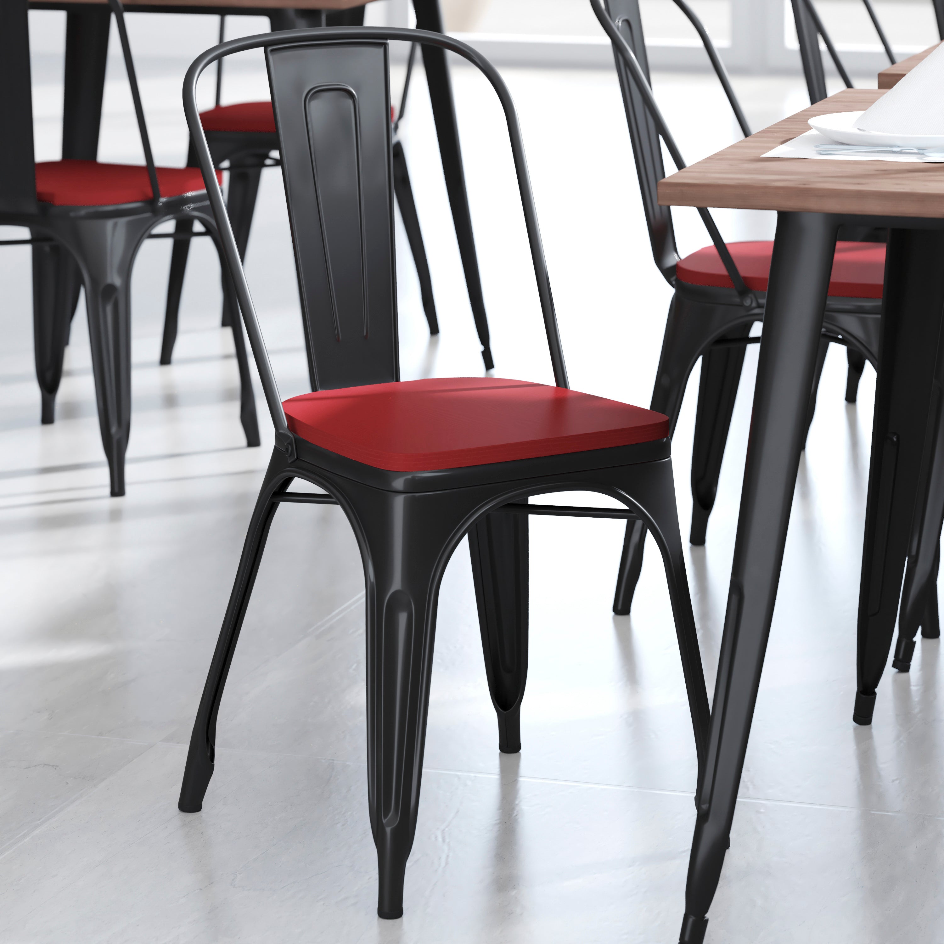 Perry Set of 4 Poly Resin Wood Seat with Rounded Edges for Colorful Metal Chairs and Stools in Red