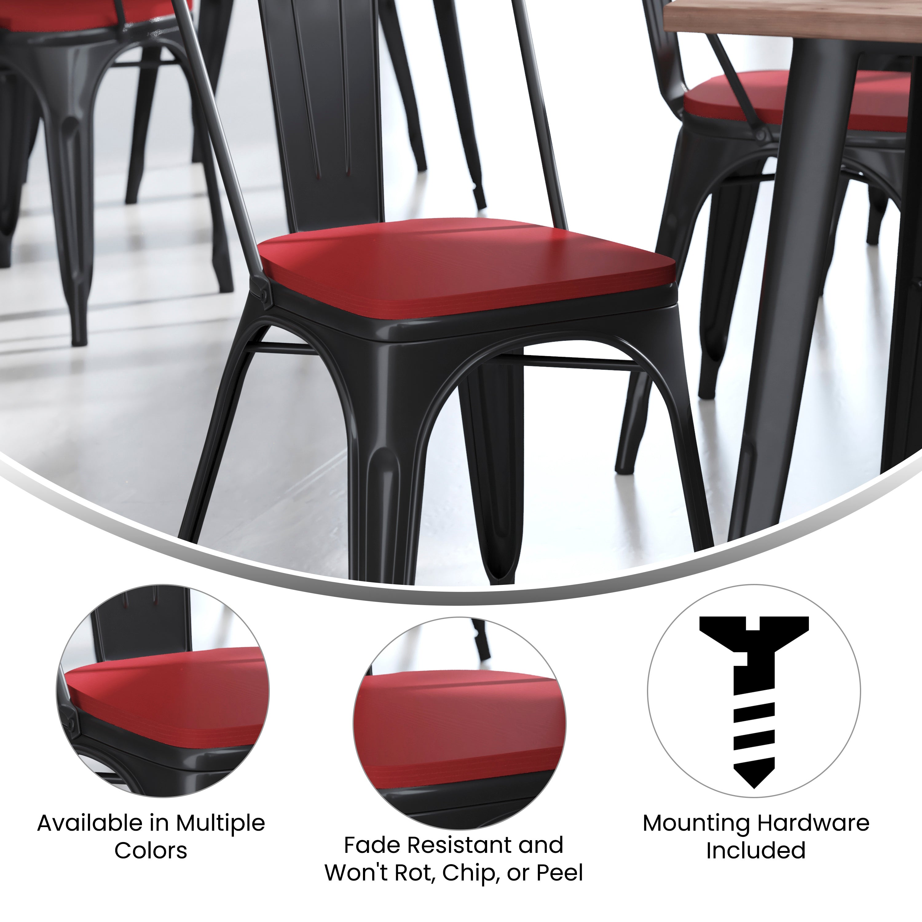 Perry Set of 4 Poly Resin Wood Seat with Rounded Edges for Colorful Metal Chairs and Stools in Red