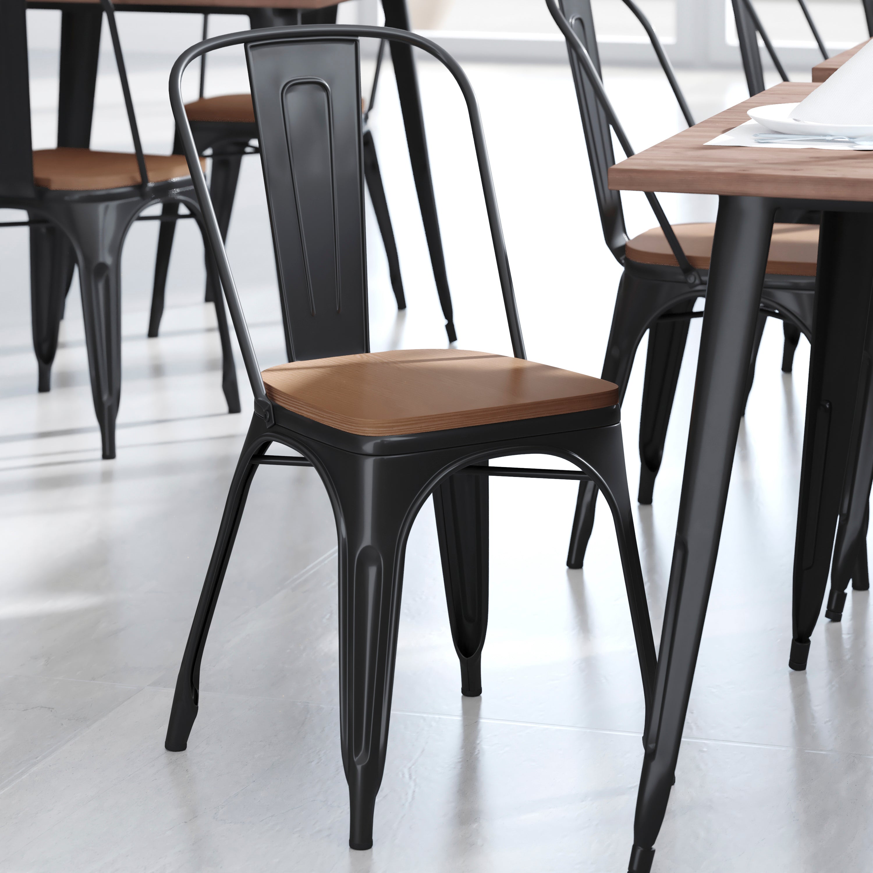 Perry Set of 4 Poly Resin Wood Seat with Rounded Edges for Colorful Metal Chairs and Stools in Teak
