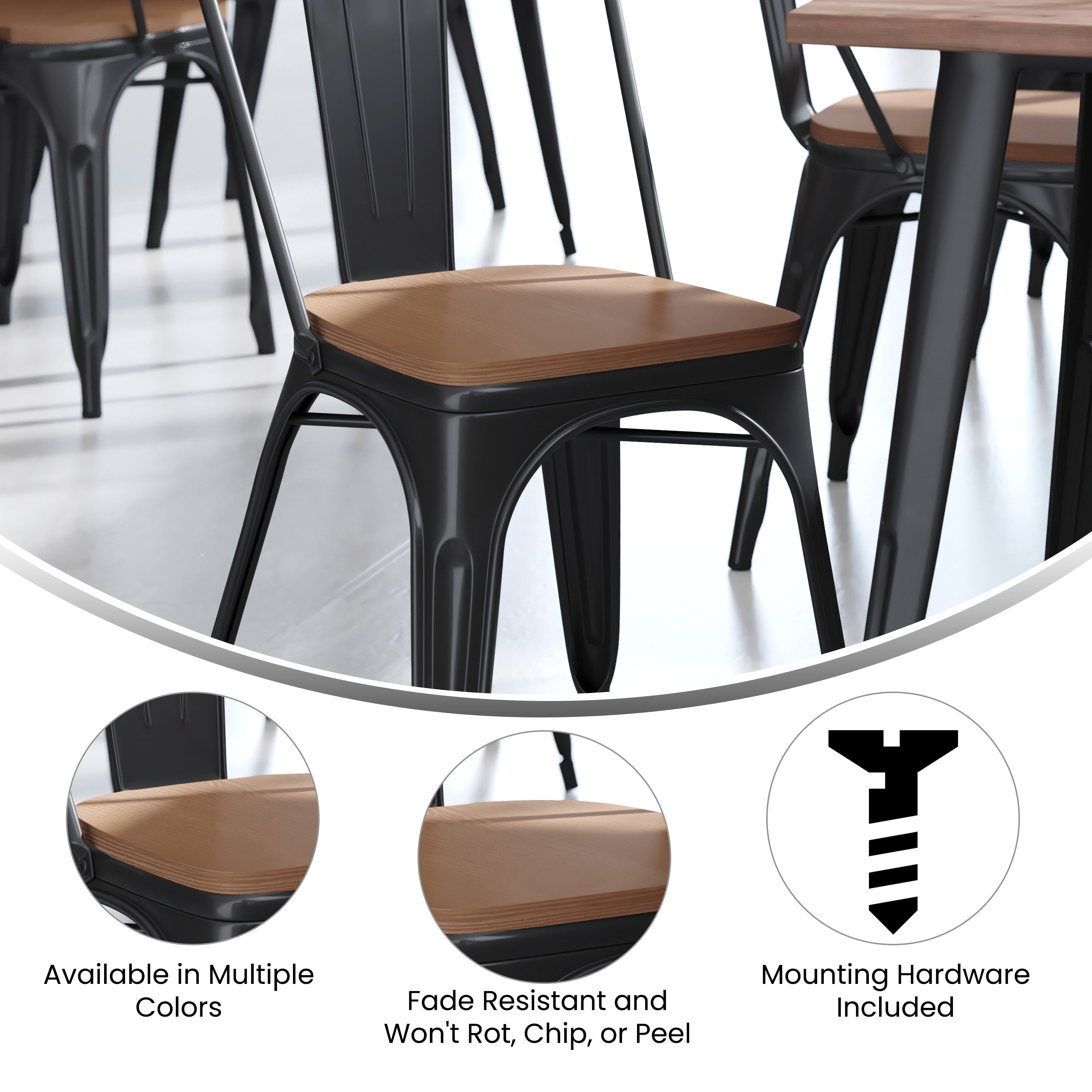 Perry Set of 4 Poly Resin Wood Seat with Rounded Edges for Colorful Metal Chairs and Stools in Teak