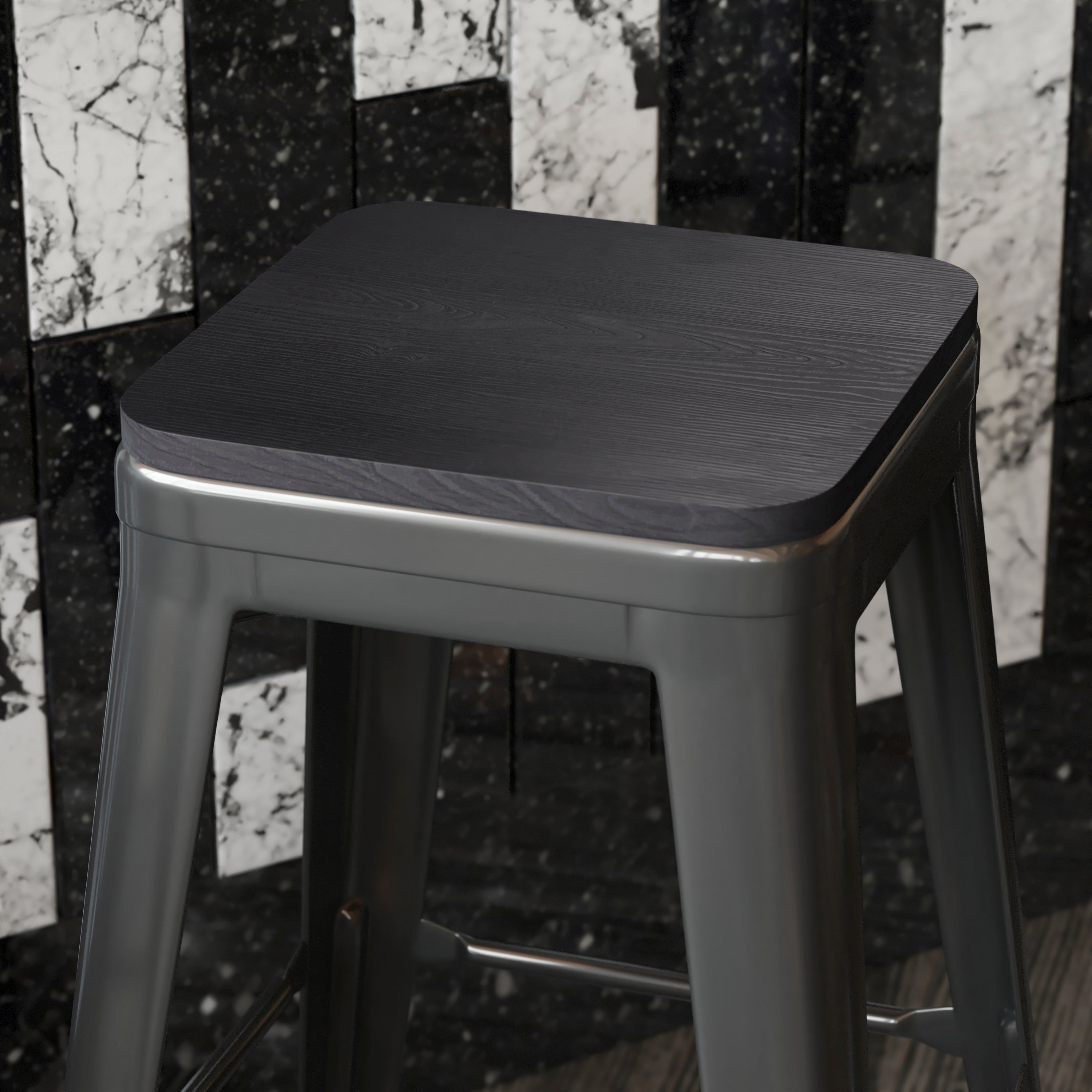 Perry Poly Resin Wood Square Seat with Rounded Edges for Colorful Metal Barstools in Black