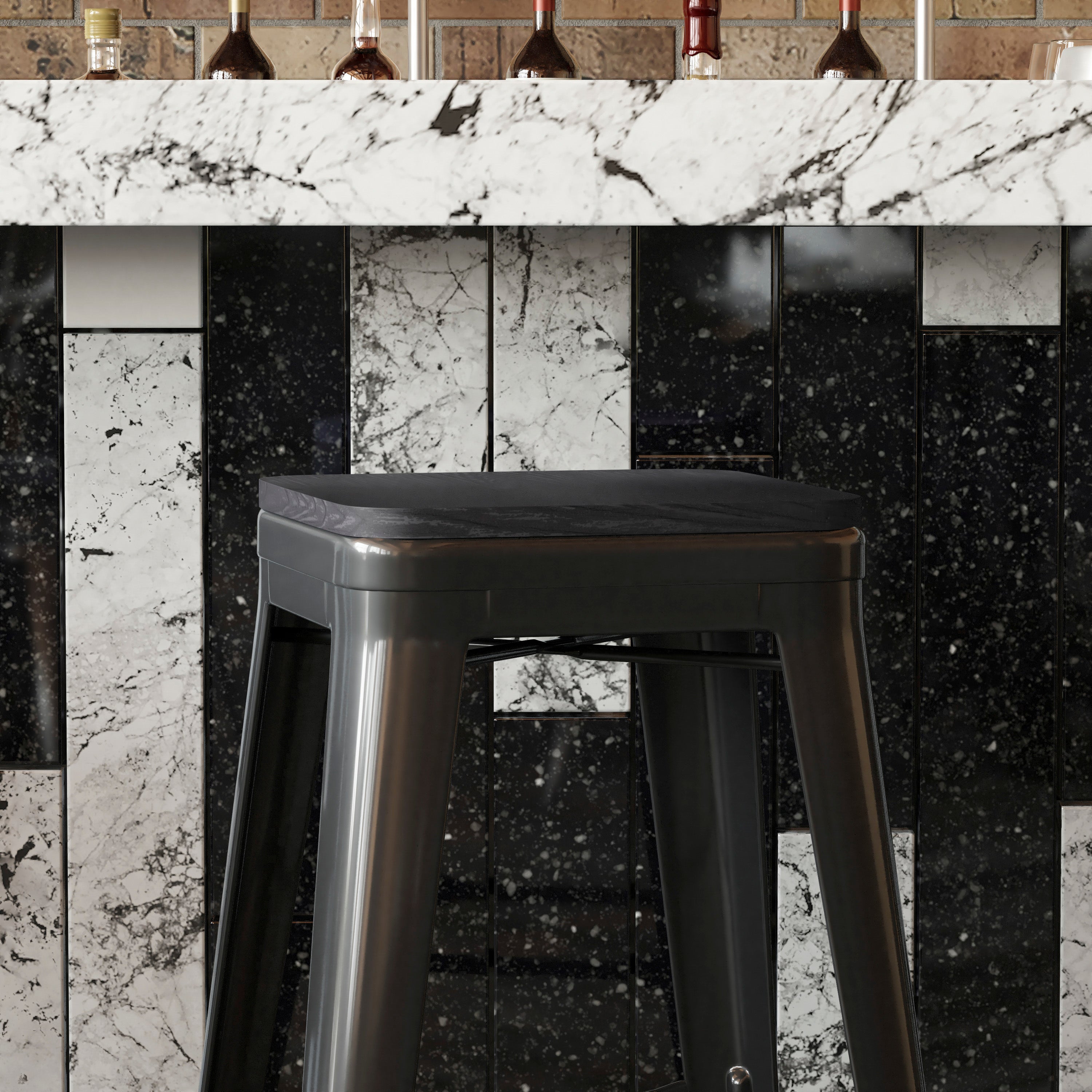 Perry Poly Resin Wood Square Seat with Rounded Edges for Colorful Metal Barstools in Black
