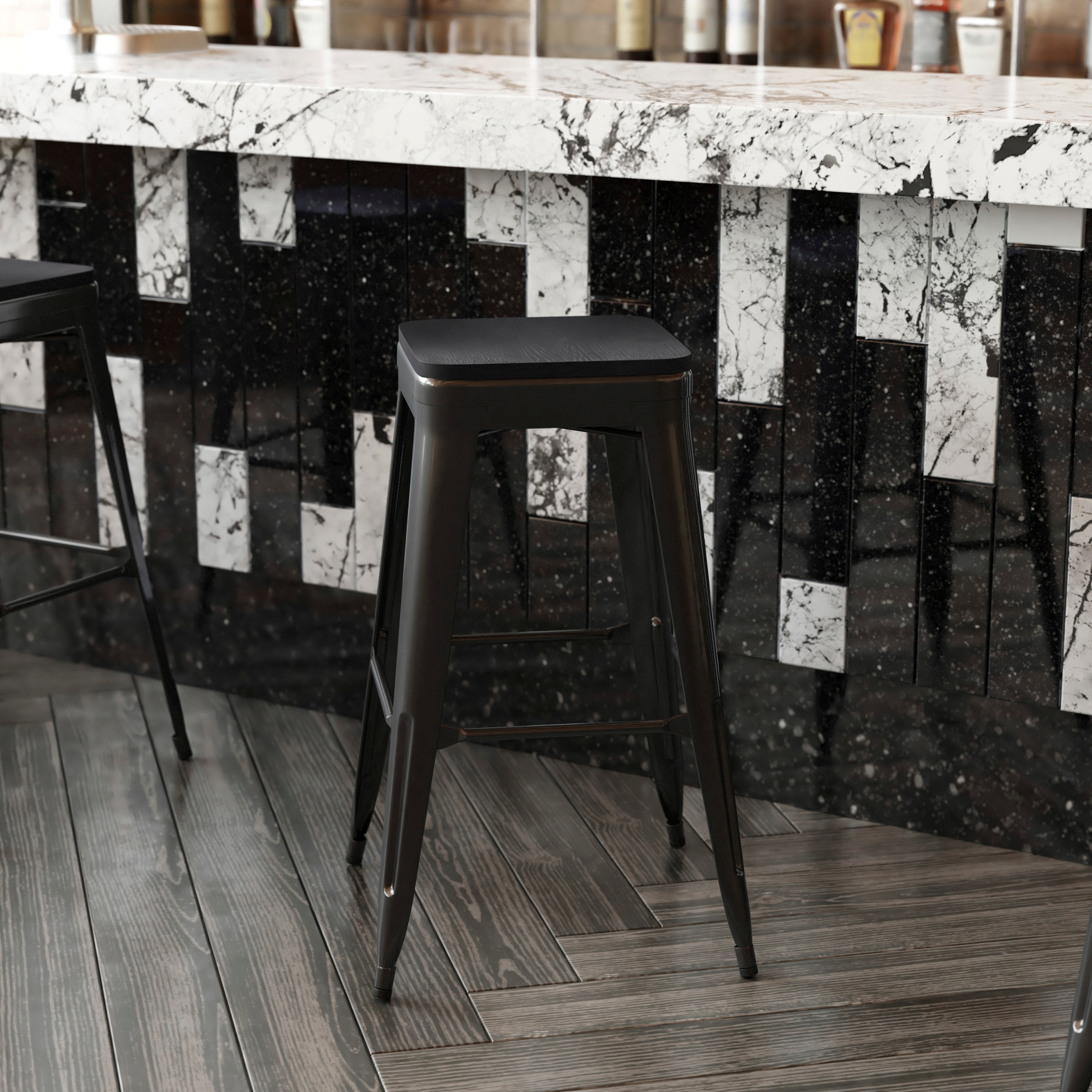 Perry Poly Resin Wood Square Seat with Rounded Edges for Colorful Metal Barstools in Black