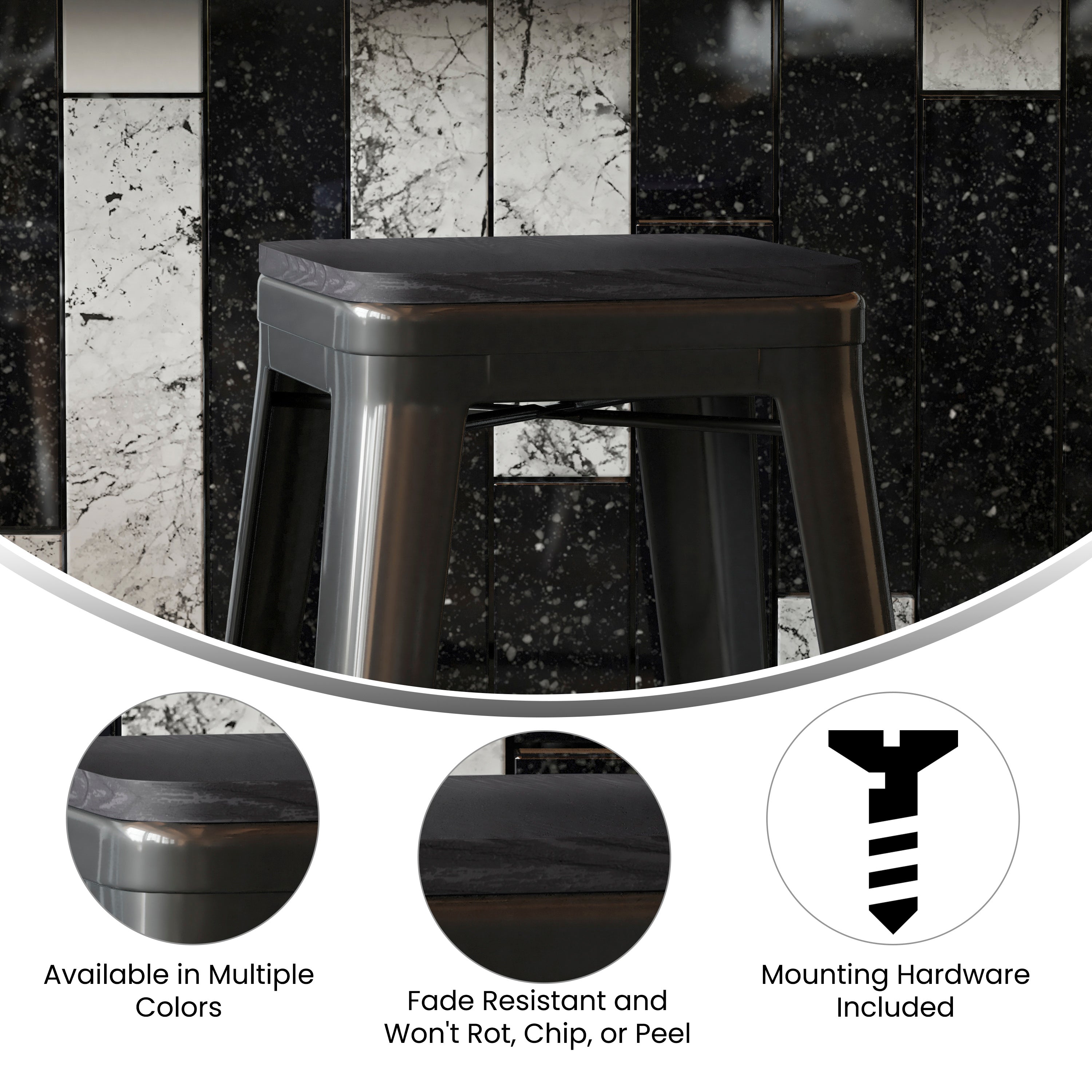 Perry Poly Resin Wood Square Seat with Rounded Edges for Colorful Metal Barstools in Black