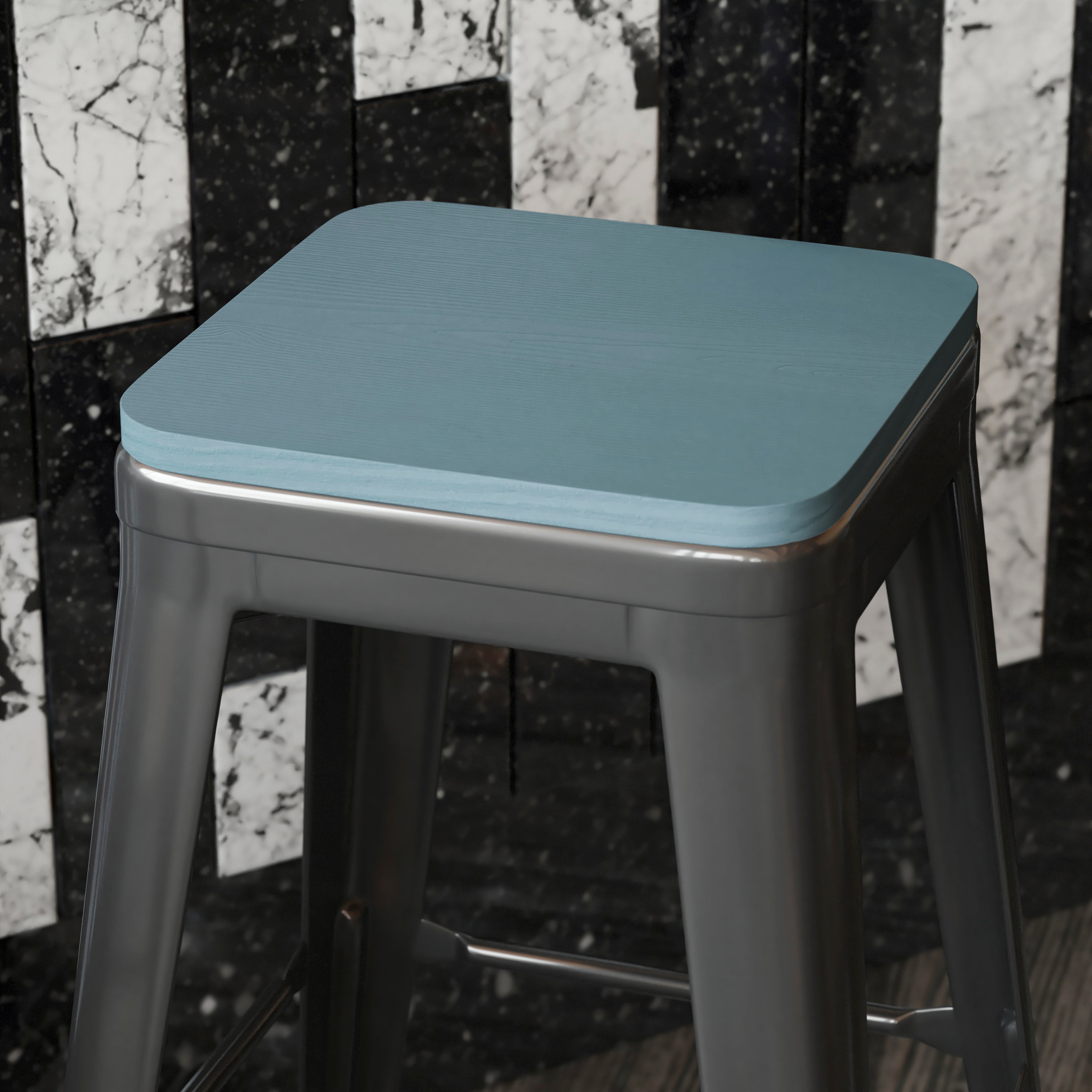 Perry Poly Resin Wood Square Seat with Rounded Edges for Colorful Metal Barstools in Teal-Blue