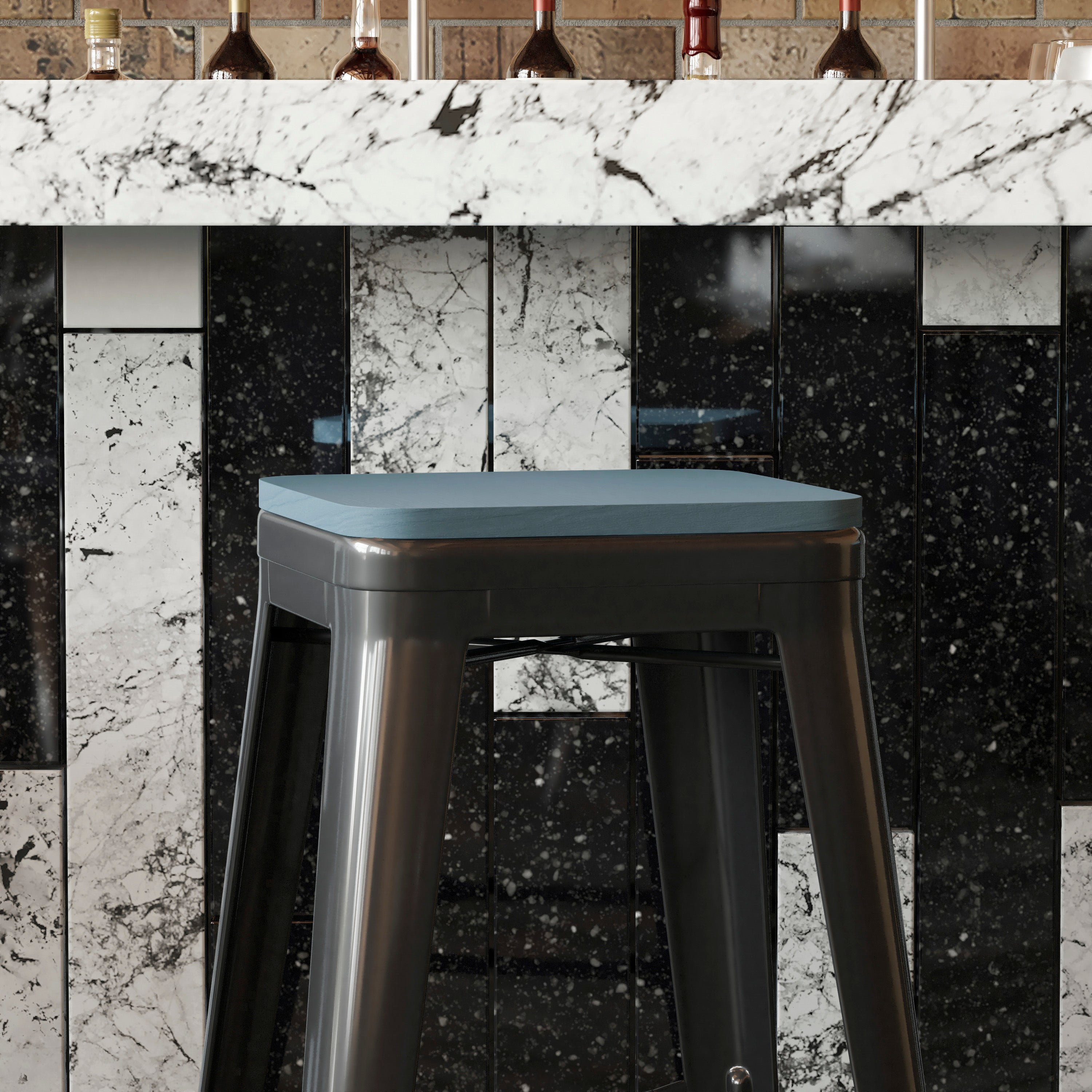 Perry Poly Resin Wood Square Seat with Rounded Edges for Colorful Metal Barstools in Teal-Blue