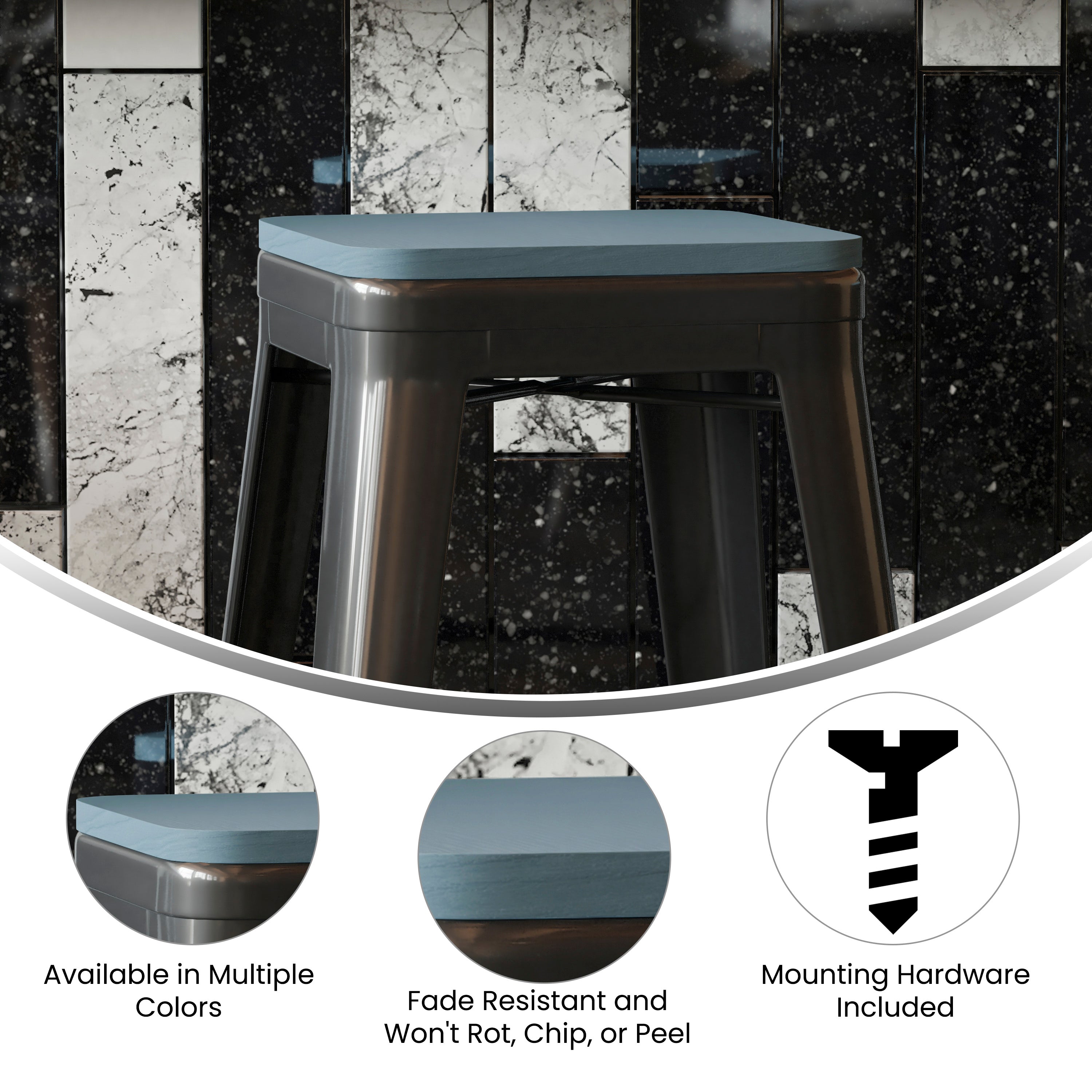 Perry Poly Resin Wood Square Seat with Rounded Edges for Colorful Metal Barstools in Teal-Blue