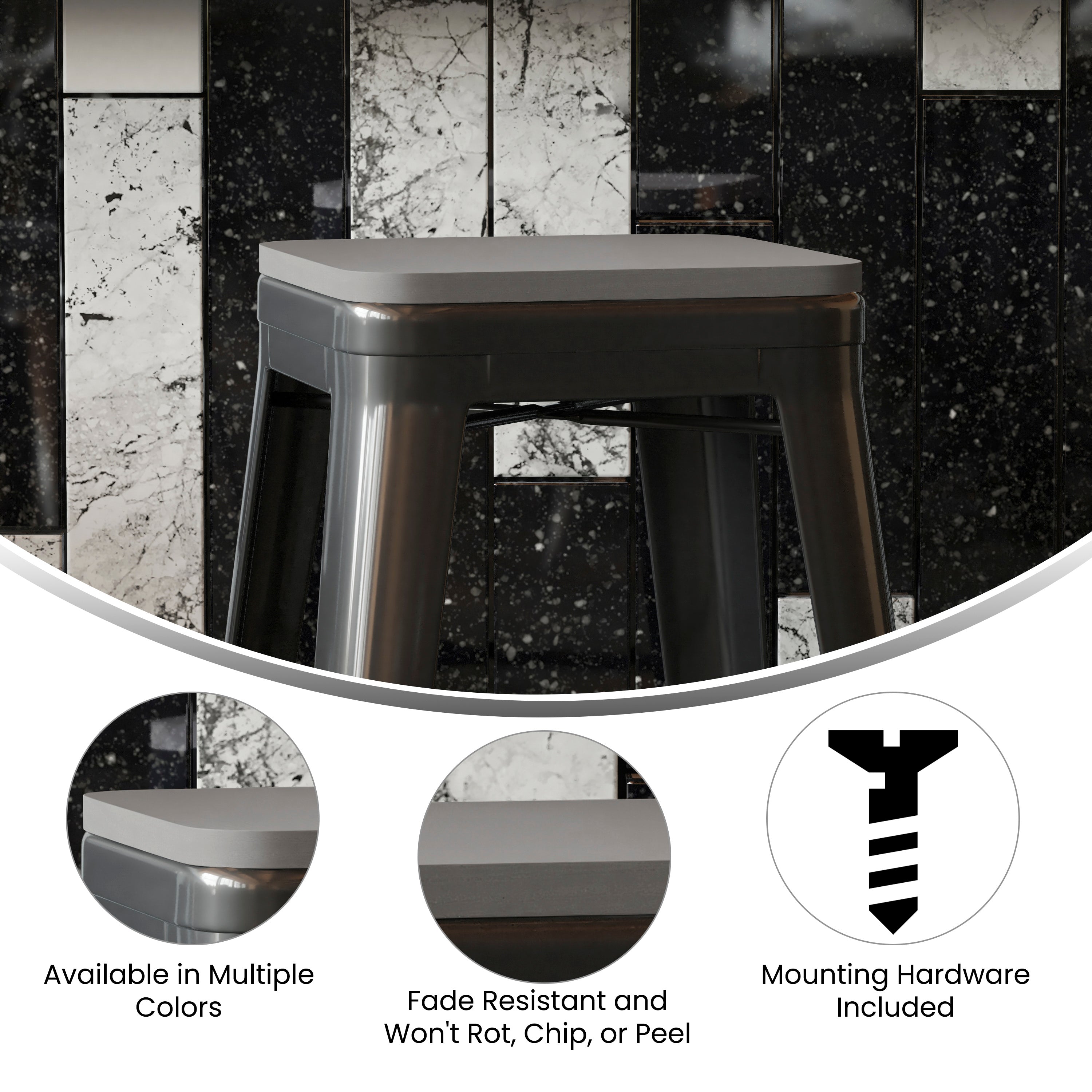 Perry Poly Resin Wood Square Seat with Rounded Edges for Colorful Metal Barstools in Gray