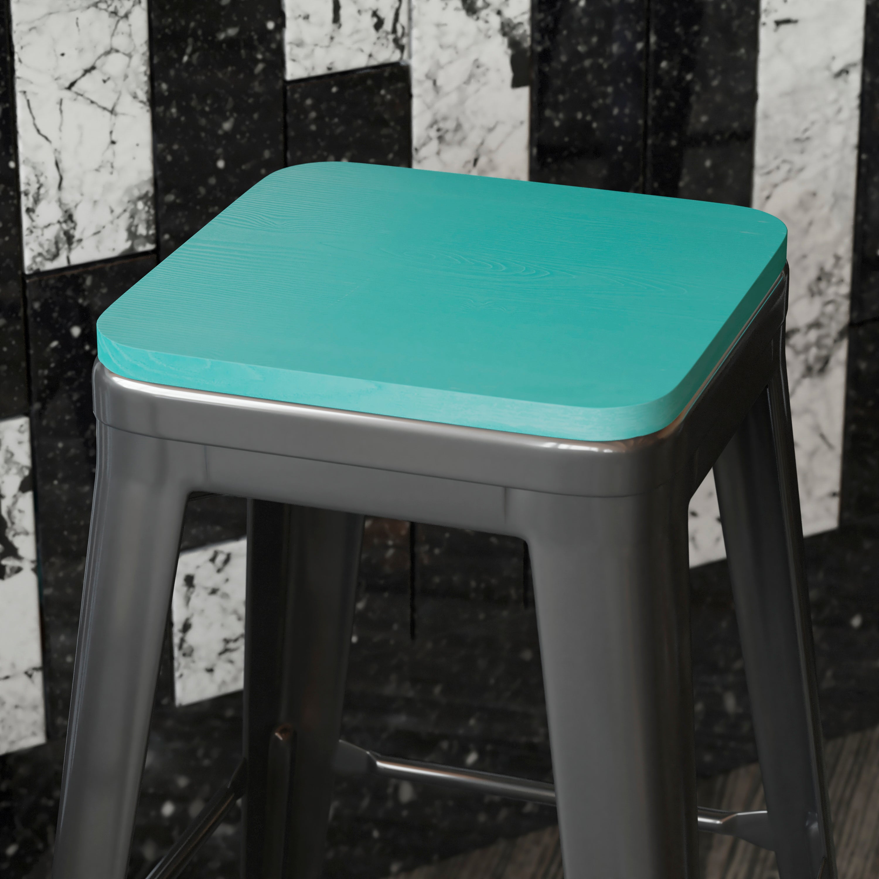 Perry Poly Resin Wood Square Seat with Rounded Edges for Colorful Metal Barstools in Mint