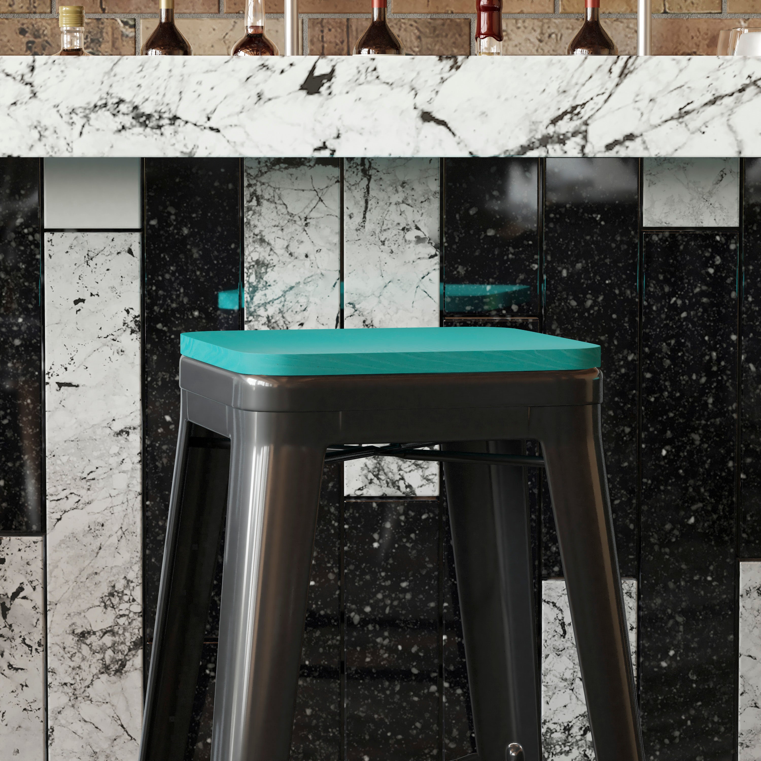 Perry Poly Resin Wood Square Seat with Rounded Edges for Colorful Metal Barstools in Mint
