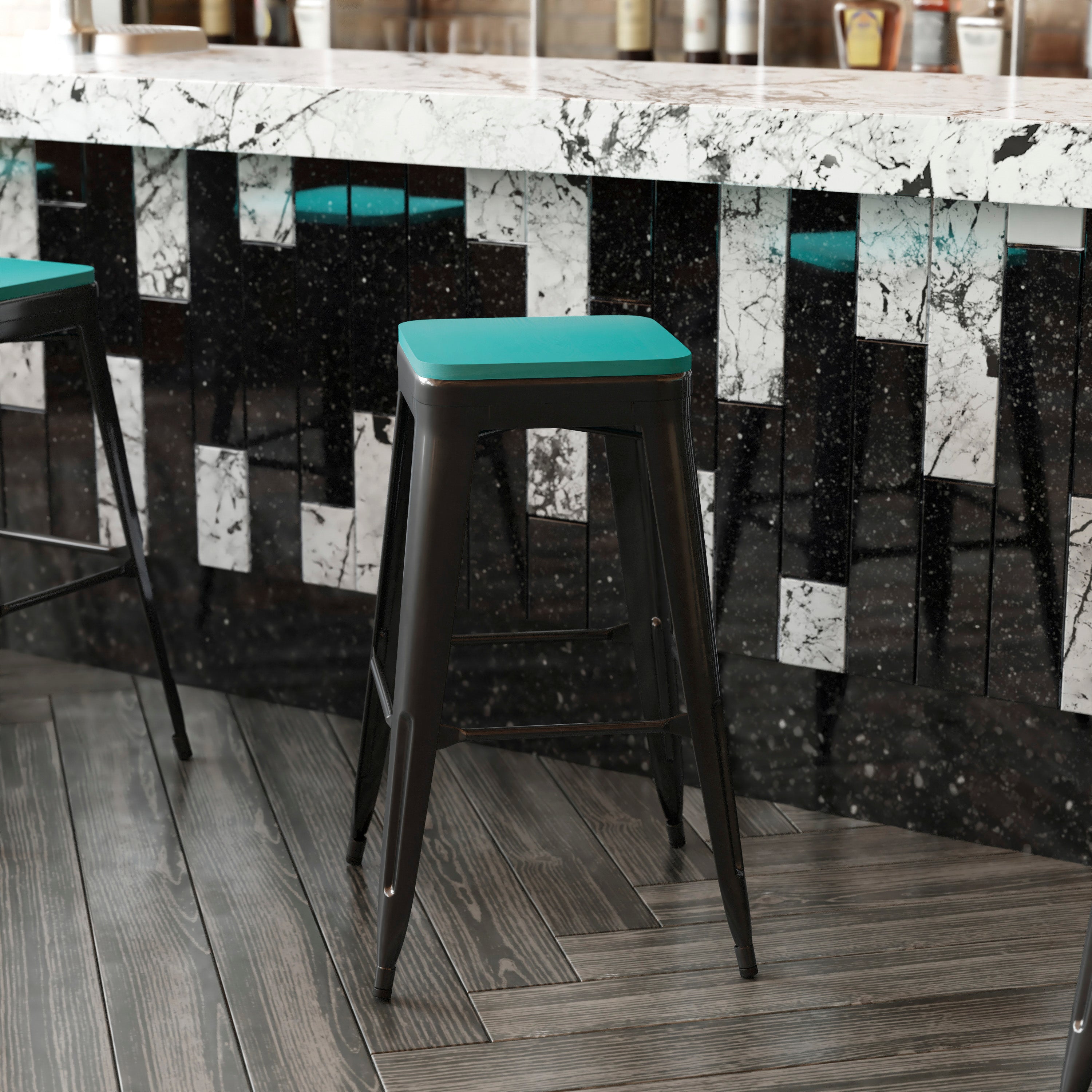 Perry Poly Resin Wood Square Seat with Rounded Edges for Colorful Metal Barstools in Mint