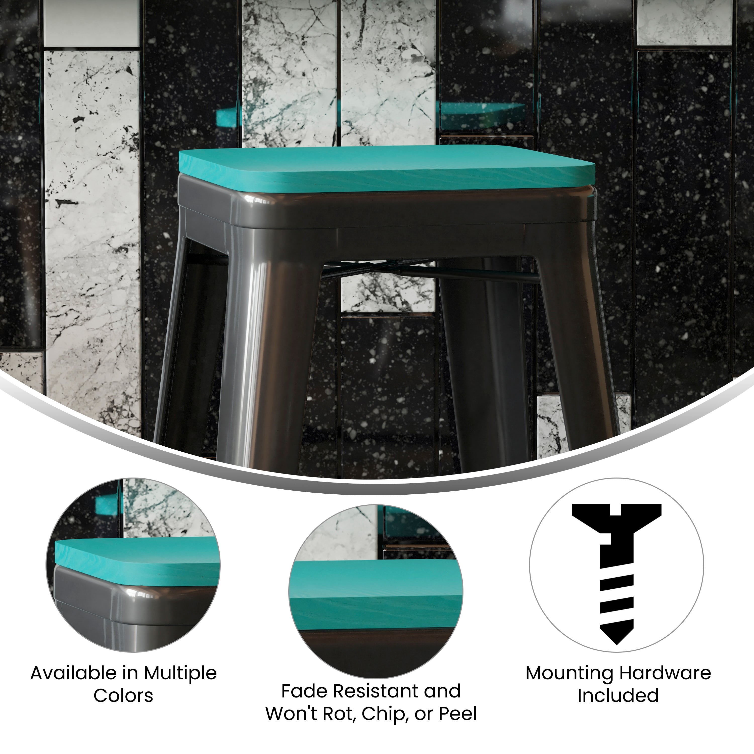 Perry Poly Resin Wood Square Seat with Rounded Edges for Colorful Metal Barstools in Mint
